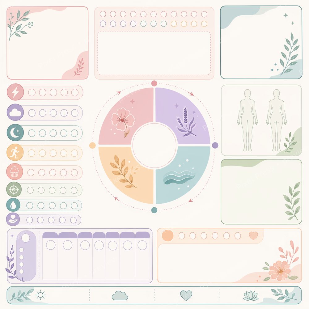 ADHD Cycle Tracker Printable Set, Menstrual Planner PDF, Visual Period & Self-Care Planner for Women, Cycle Syncing Weekly Pages — artwork preview (watermarked)