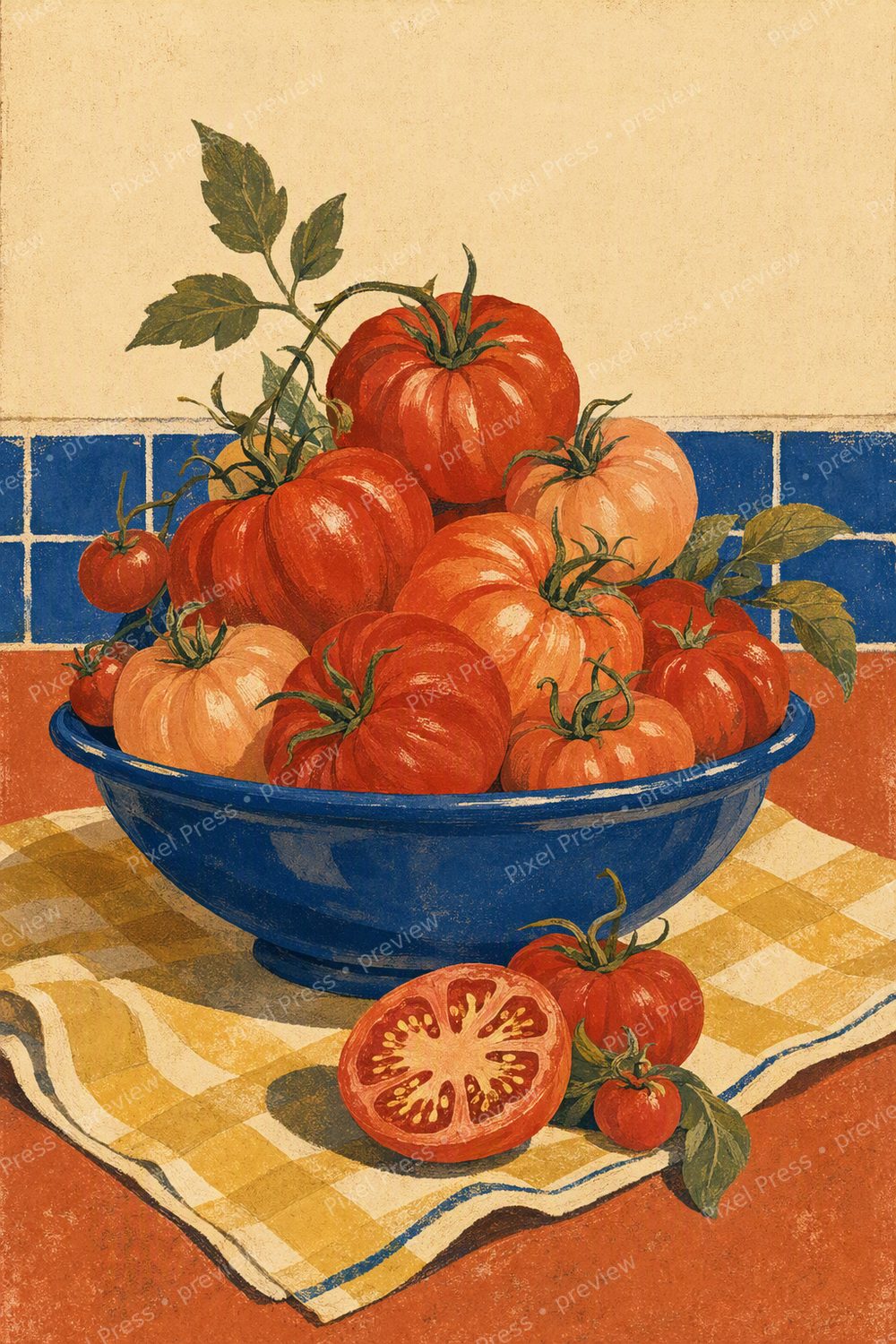 Retro Italian Kitchen Wall Art Printable Set, Tomato Pasta Olive Oil Prints — artwork preview (watermarked)