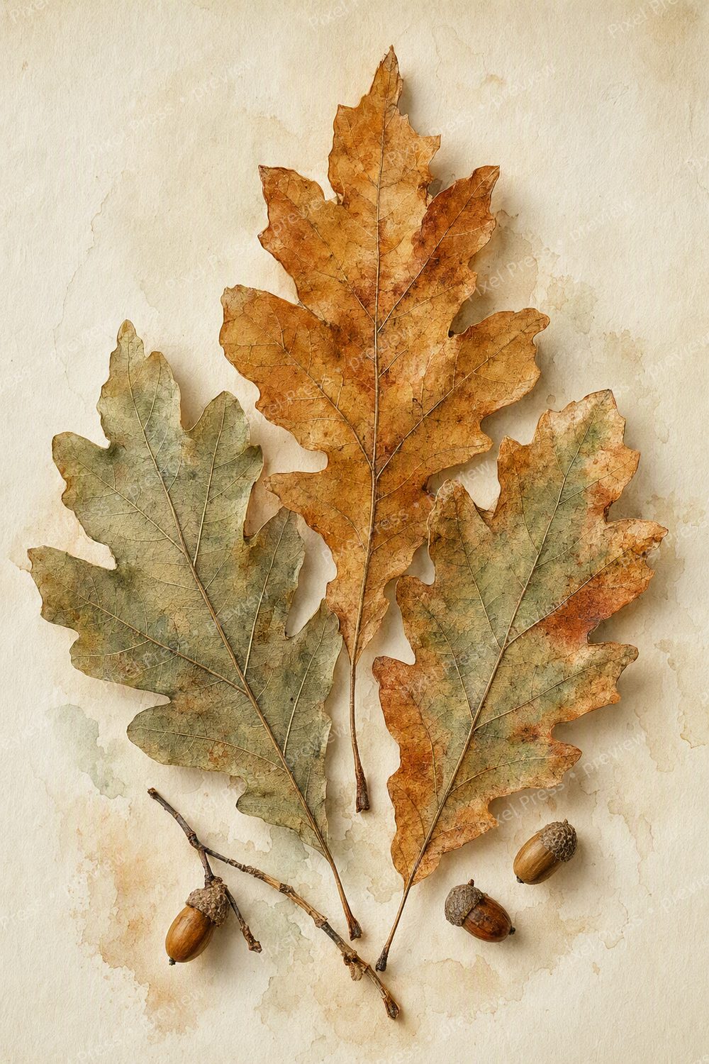 Autumn Herbarium Wall Art Printable Set, Watercolor Pressed Leaves & Neutral Fall Botanicals — artwork preview (watermarked)
