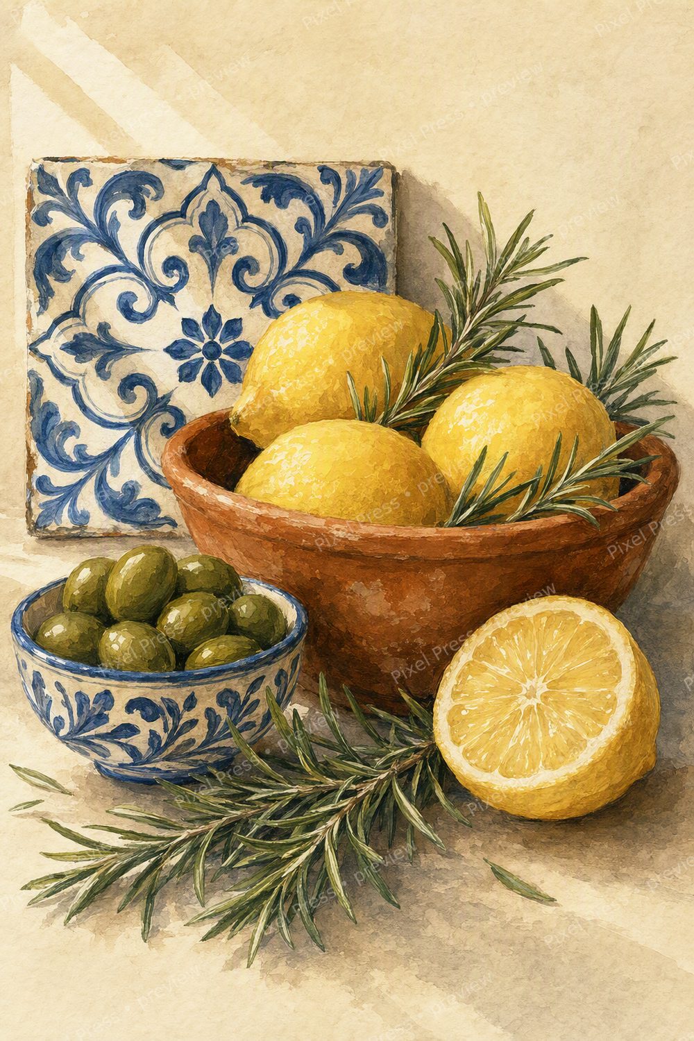 Spanish Kitchen Wall Art Printable Set, Mediterranean Herb & Citrus Prints, Blue Tile Cocina Decor — artwork preview (watermarked)