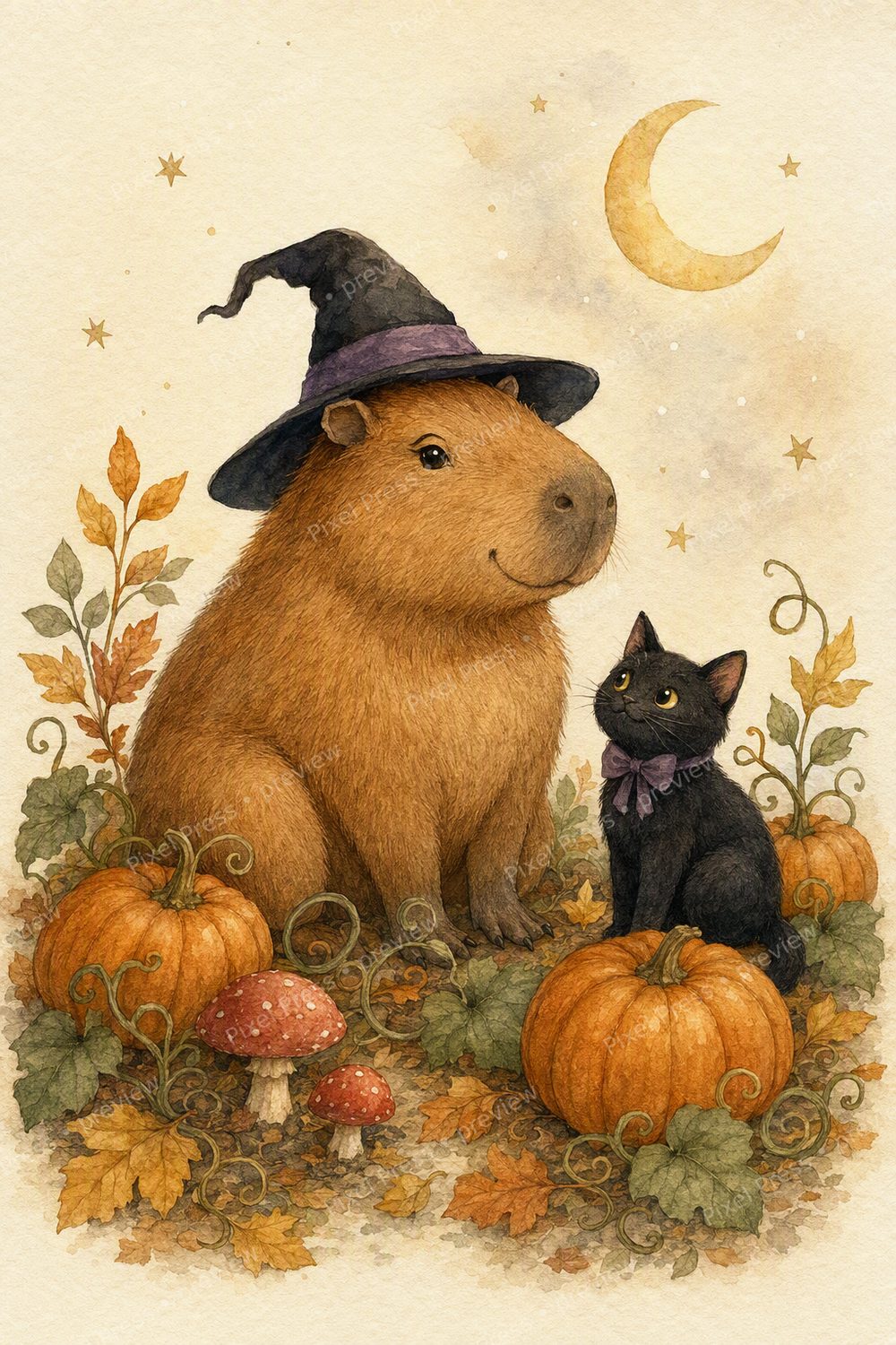 Capybara Halloween Wall Art Printable Set, Witchy Watercolor Decor Bundle — artwork preview (watermarked)