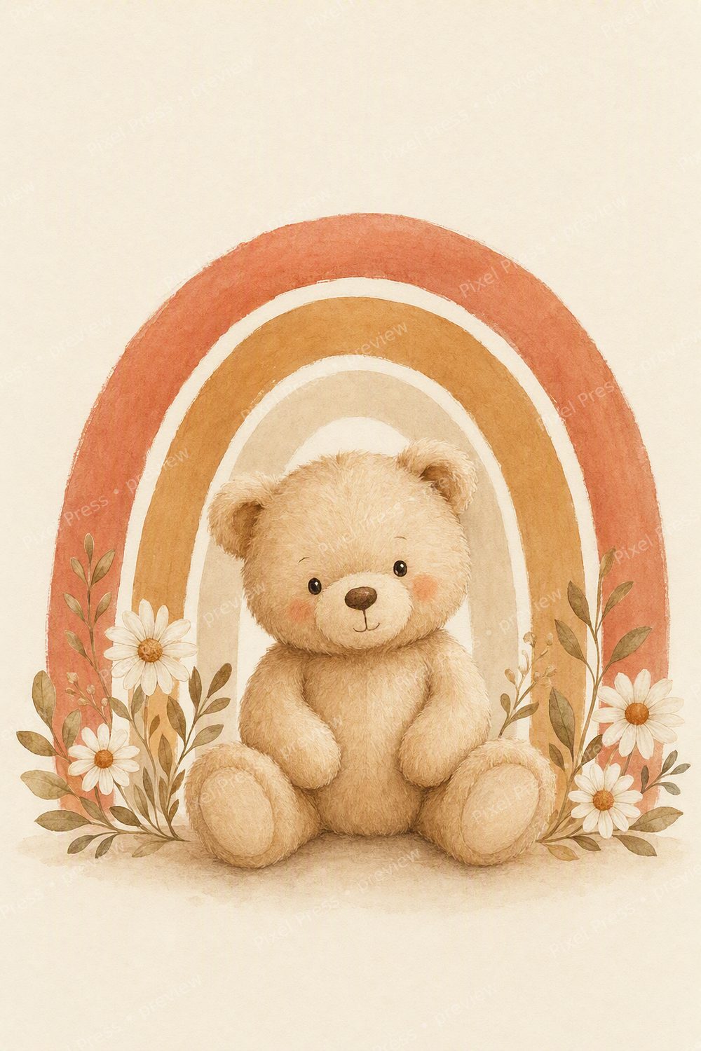 Neutral Teddy Bear Nursery Wall Art Printable Set of 6, Boho Bear & Terracotta Rainbow Prints — artwork preview (watermarked)