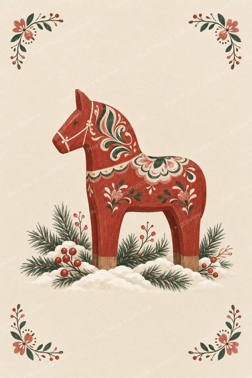 Scandinavian Christmas Wall Art Printable Set, Nordic Folk Art Decor — artwork preview (watermarked)