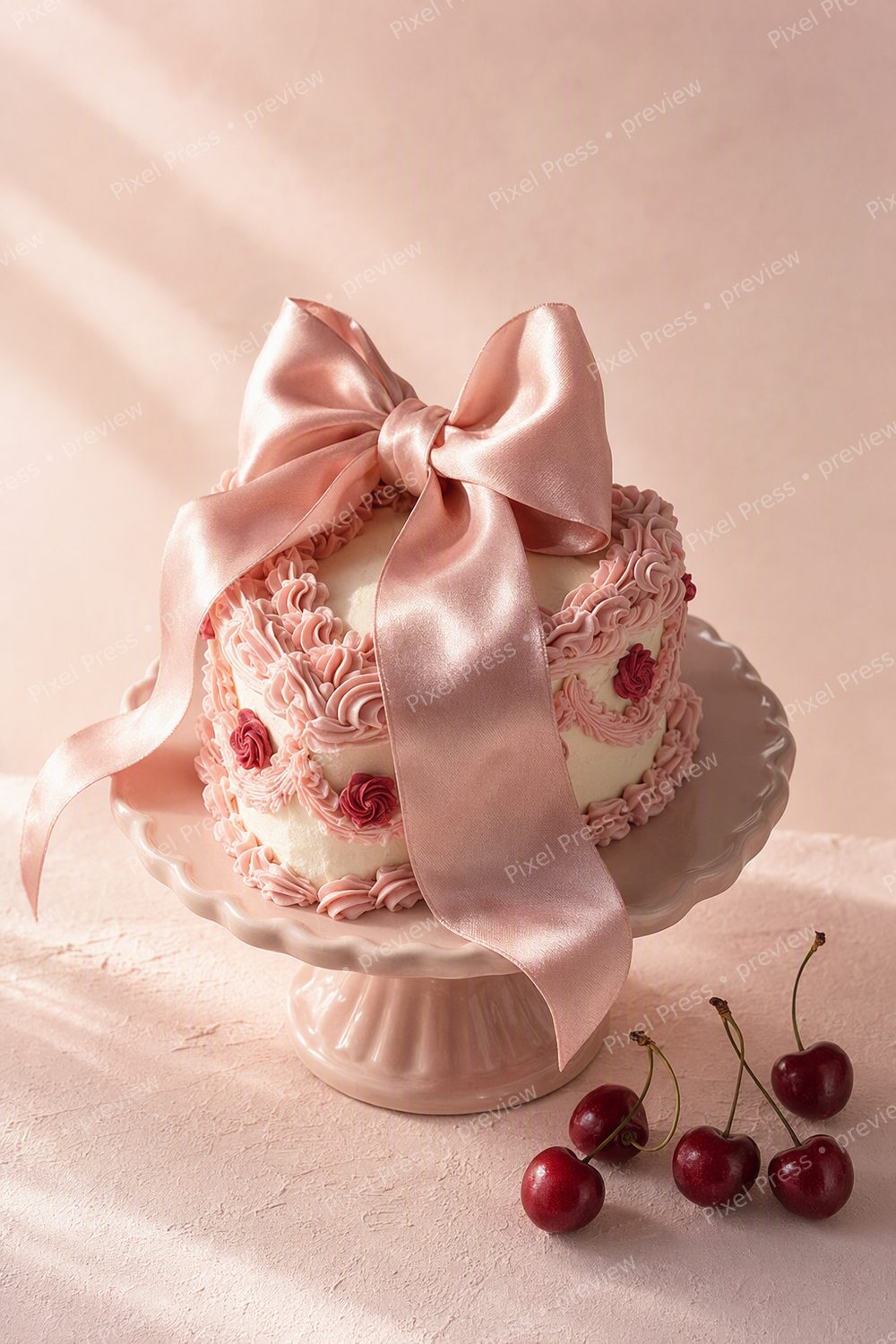 Pastel Valentine Wall Art Printable Set, Coquette Pink Bow & Heart Cake Gallery Wall Decor — artwork preview (watermarked)