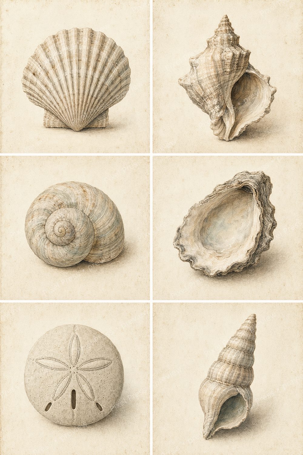 Neutral Vintage Coastal Wall Art Set, Vintage Shell Wall Art Printable, Coastal Shell Gallery Wall Set, Antique Seashell Print Bundle — artwork preview (watermarked)