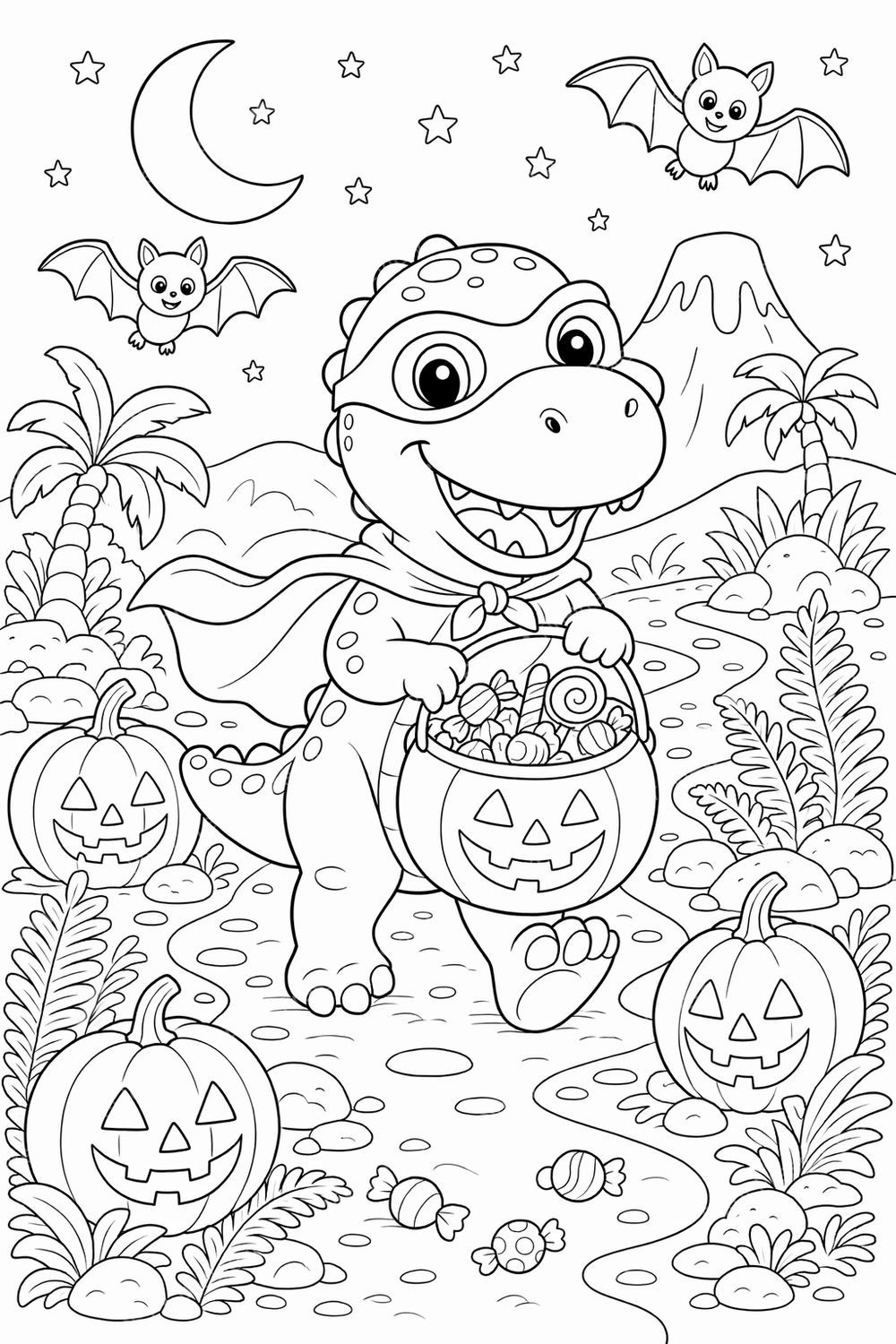 Halloween Dinosaur Coloring Pages Printable Bundle | 8 Spooky Cute Dino Coloring Sheets PDF — artwork preview (watermarked)