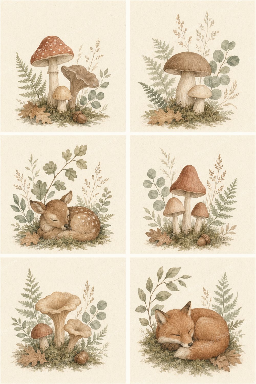 Neutral Mushroom Nursery Wall Art Printable Set, Boho Woodland Decor — artwork preview (watermarked)