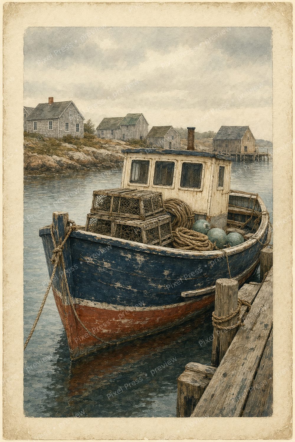Vintage Fishing Village Wall Art Printable Set, Coastal Harbor & Lobster Boat Digital Download — artwork preview (watermarked)