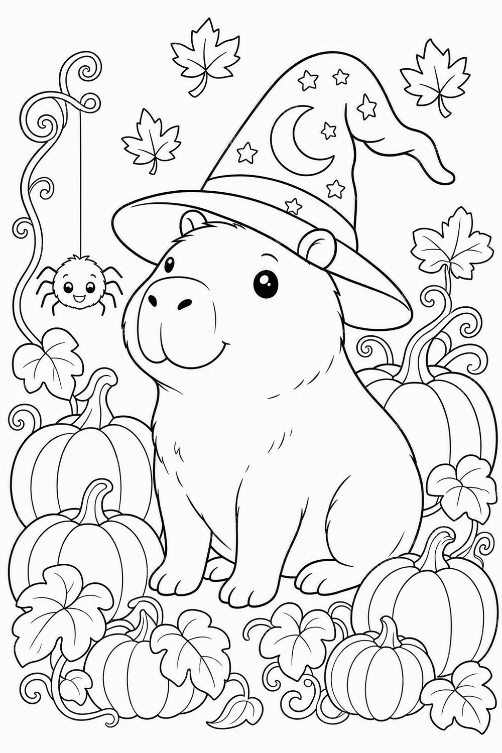 Halloween Capybara Coloring Pages Printable Bundle, Cute Spooky Kids PDF — artwork preview (watermarked)