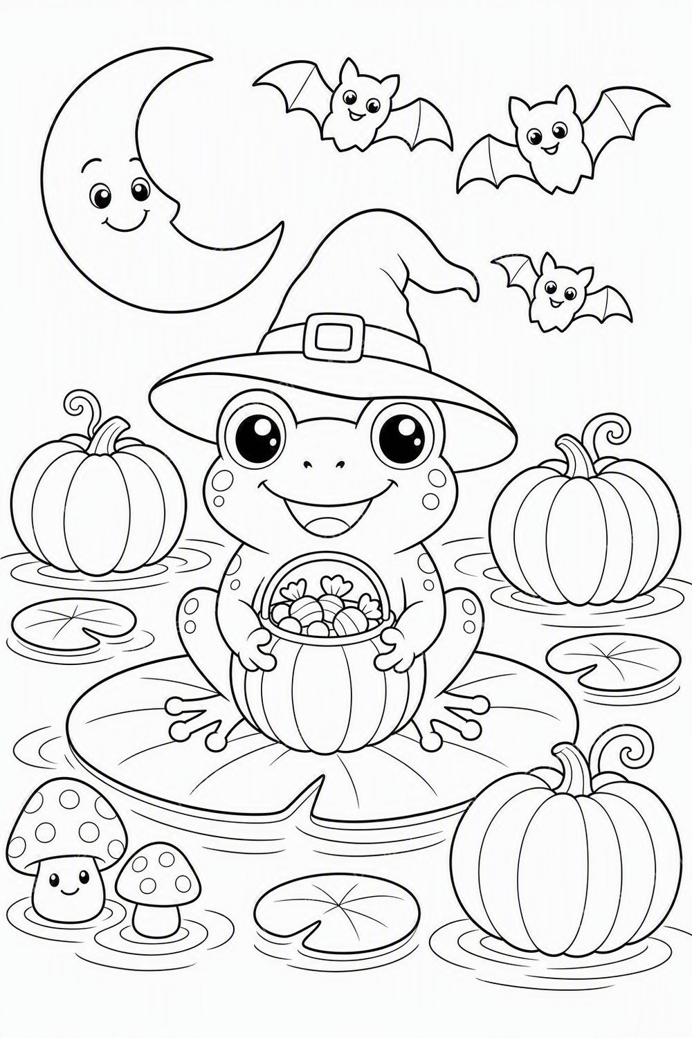 Halloween Frog Coloring Pages Printable Bundle | Cute Witch Frog PDF for Kids — artwork preview (watermarked)