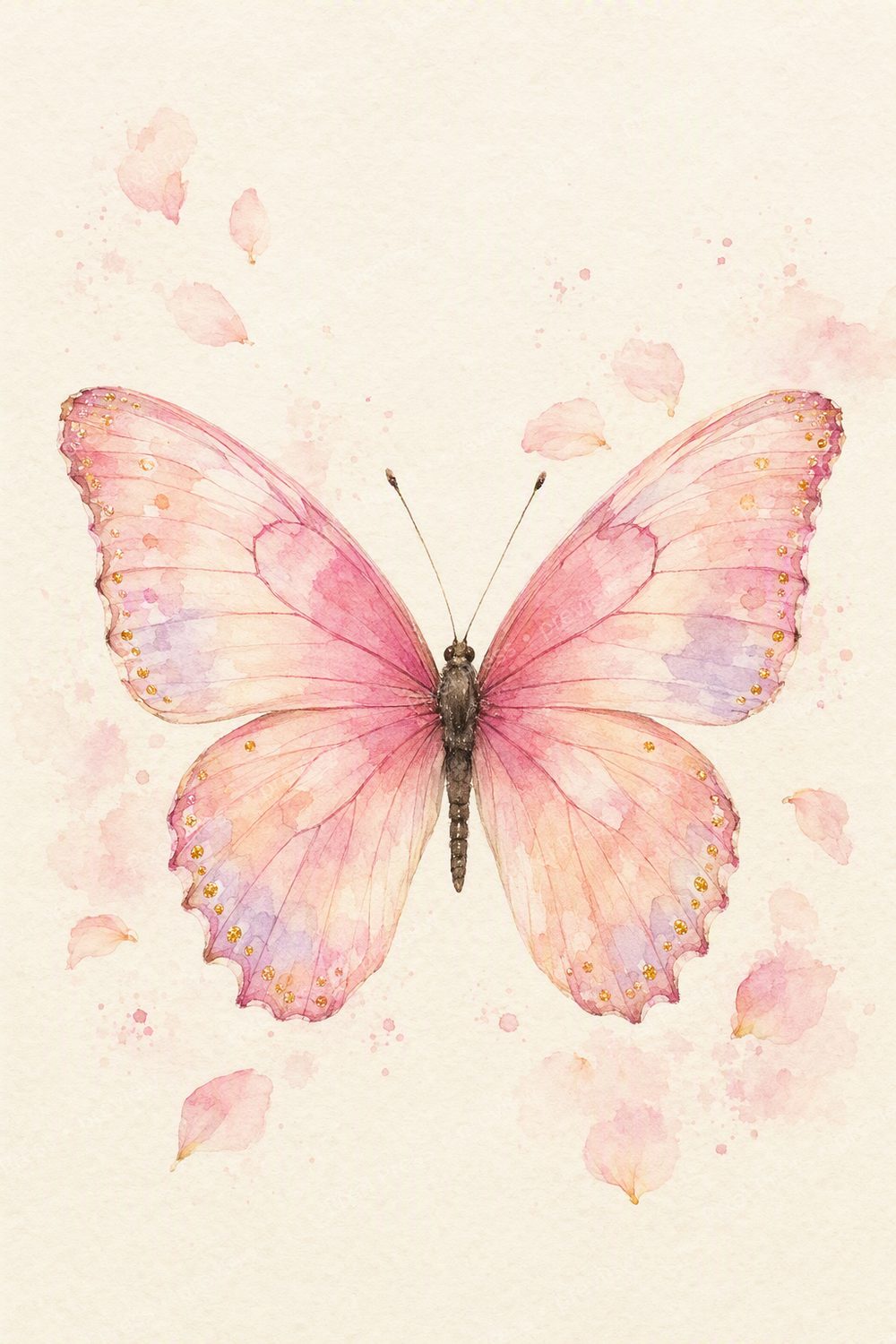 Pastel Valentine Wall Art Printable Set, Pink Butterfly Watercolor Gallery Prints — artwork preview (watermarked)