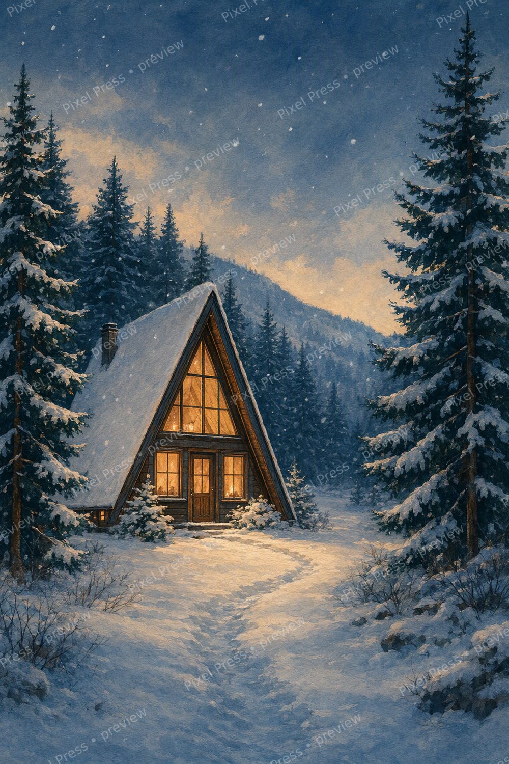 Cozy Winter Cabin Wall Art Printable Set, Snowy A-Frame Decor — artwork preview (watermarked)