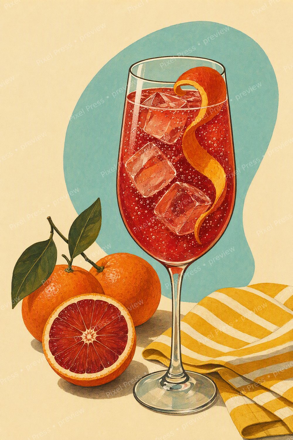 Retro Citrus Kitchen Wall Art Printable Set, Mid Century Lemon Orange Cocktail & Mocktail Bar Cart Prints — artwork preview (watermarked)