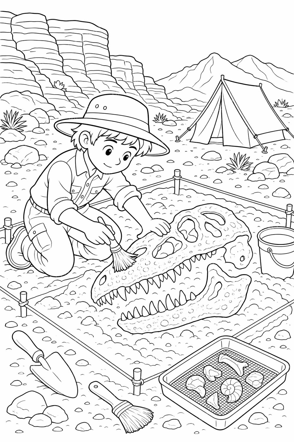 Dinosaur Fossil Coloring Pages Printable, Paleontology Dig Activity Pack — artwork preview (watermarked)