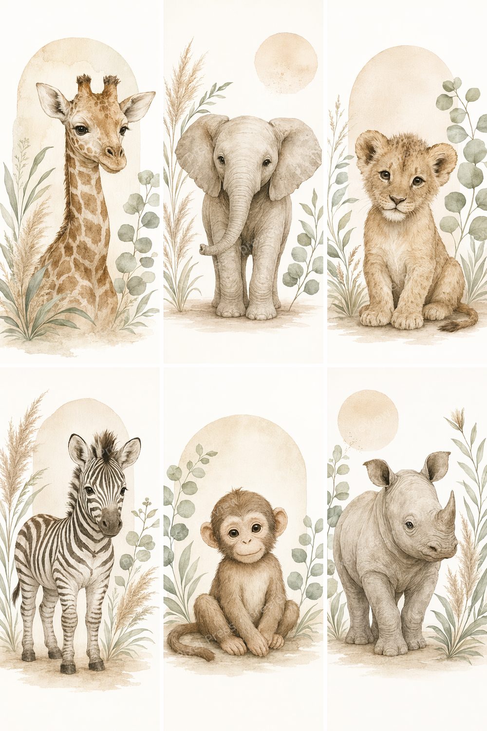 Boho Neutral Nursery Wall Art Set of 6, Neutral Safari Nursery Prints, Beige Brown Sage Nursery Wall Art, Gender Neutral Baby Room Printable — artwork preview (watermarked)