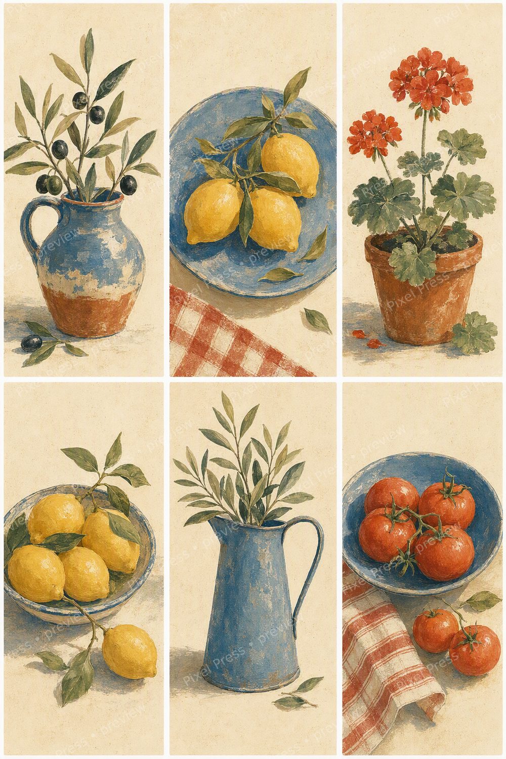 Mediterranean Kitchen Wall Art Printable Set, Italian Summer Lemon & Sardine Prints — artwork preview (watermarked)