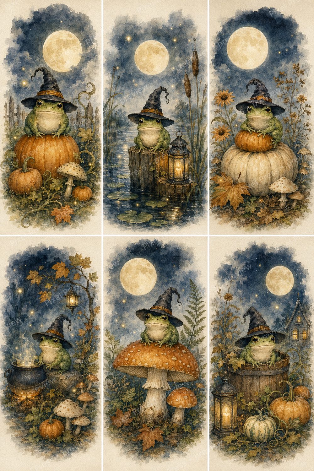 Halloween Frog Wall Art Printable Set, Watercolor Witch Frog Decor — artwork preview (watermarked)