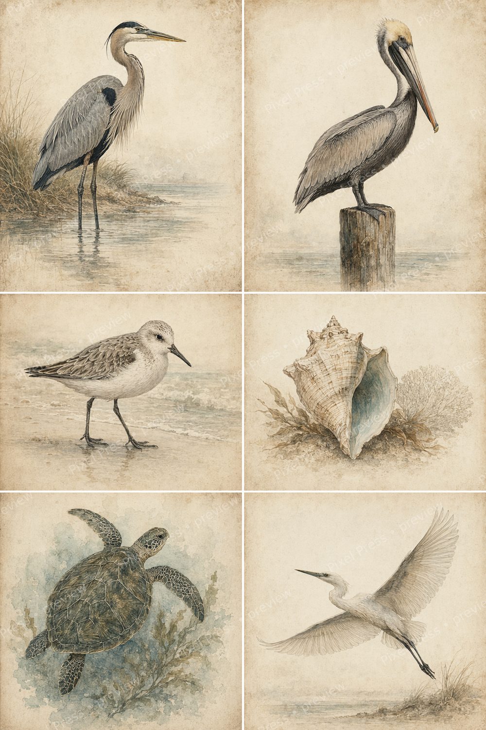 Vintage Coastal Seabird Wall Art Set, Antique Coastal Bird Prints, Neutral Beach Cottage Gallery Wall Printable Bundle of 6 — artwork preview (watermarked)
