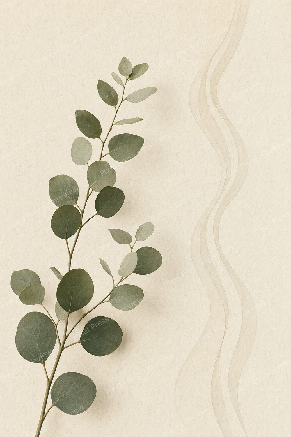 Minimalist Spa Bathroom Wall Art Printable Set, Eucalyptus & River Stones — artwork preview (watermarked)