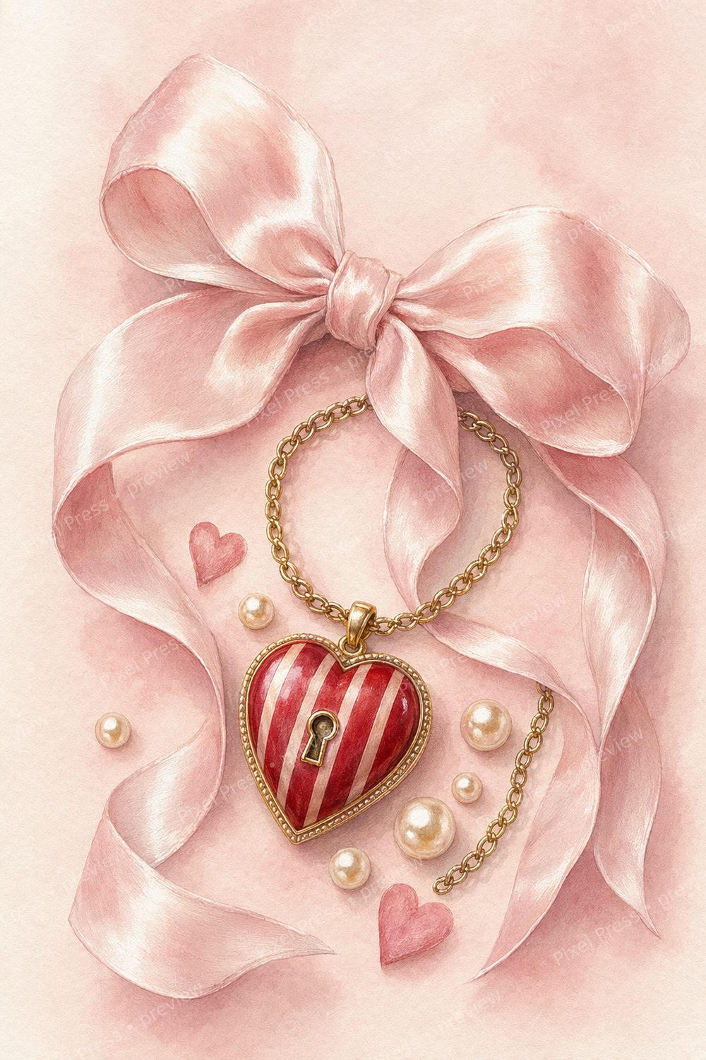 Coquette Valentine Wall Art Printable Set, Pastel Pink Bow, Cherry & Heart Locket Gallery Wall — artwork preview (watermarked)