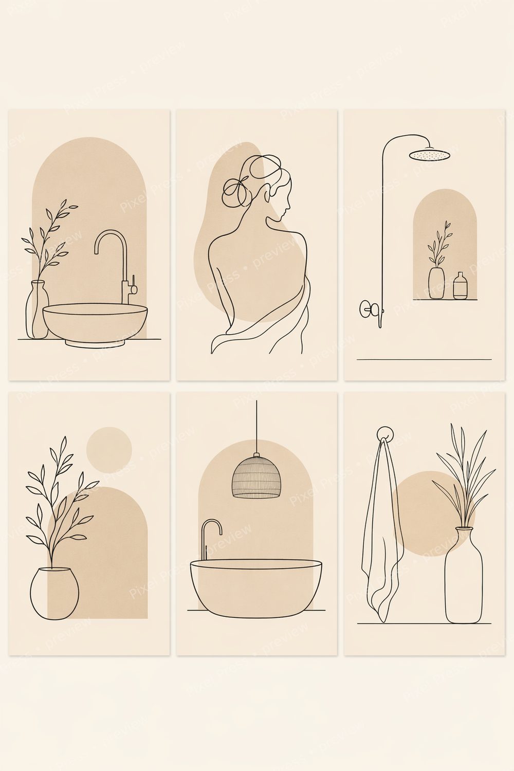Minimalist Bathroom Wall Art Printable Set, Neutral Black Beige Bathroom Line Art Bundle, Modern Powder Room Decor, 6 Print Pack — artwork preview (watermarked)