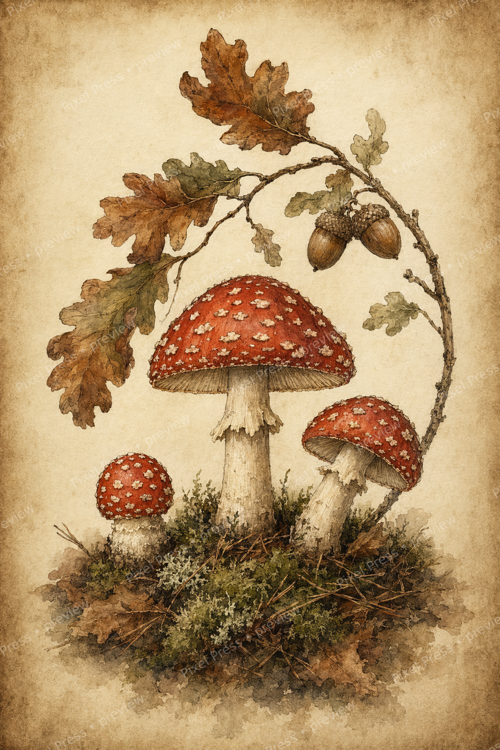 Fall Mushroom Wall Art Printable Set, Vintage Watercolor Autumn Woodland Decor — artwork preview (watermarked)