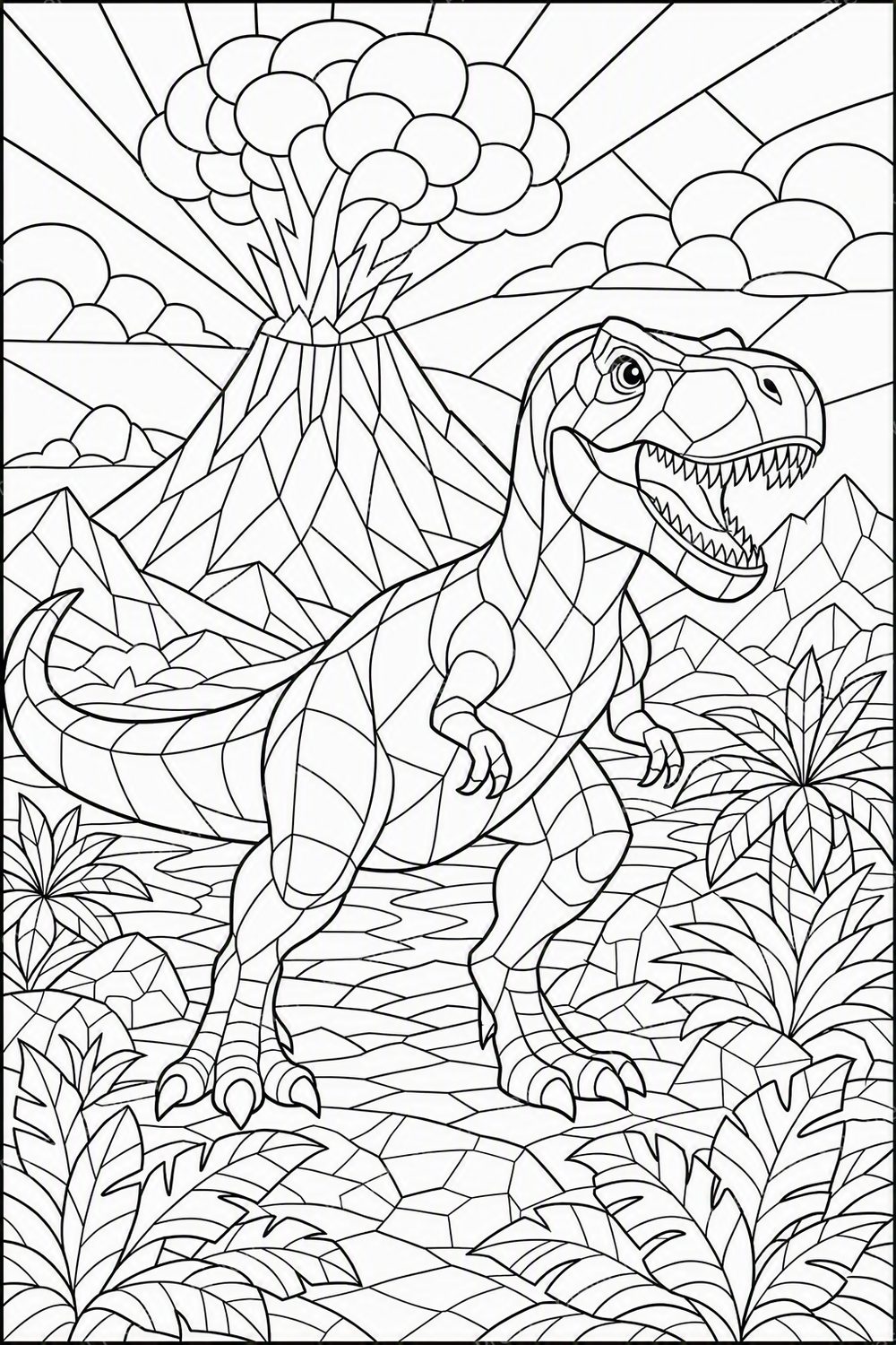Dinosaur Stained Glass Coloring Pages Printable Bundle, 8 Geometric Dino PDF Pages Ages 6–10 — artwork preview (watermarked)