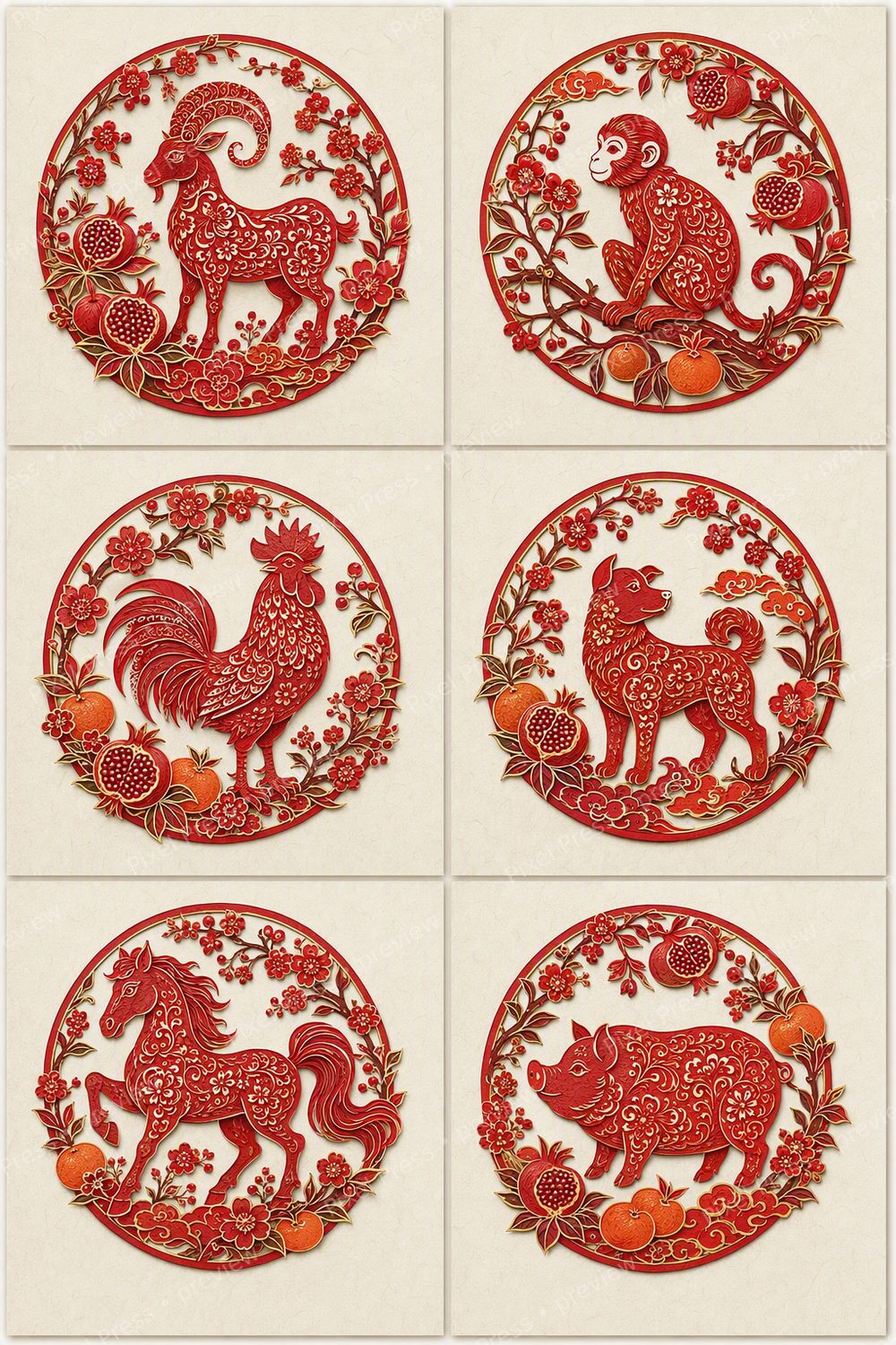 Year of the Goat 2027 Wall Art Printable Set, Lunar New Year Red Paper Cut Decor — artwork preview (watermarked)