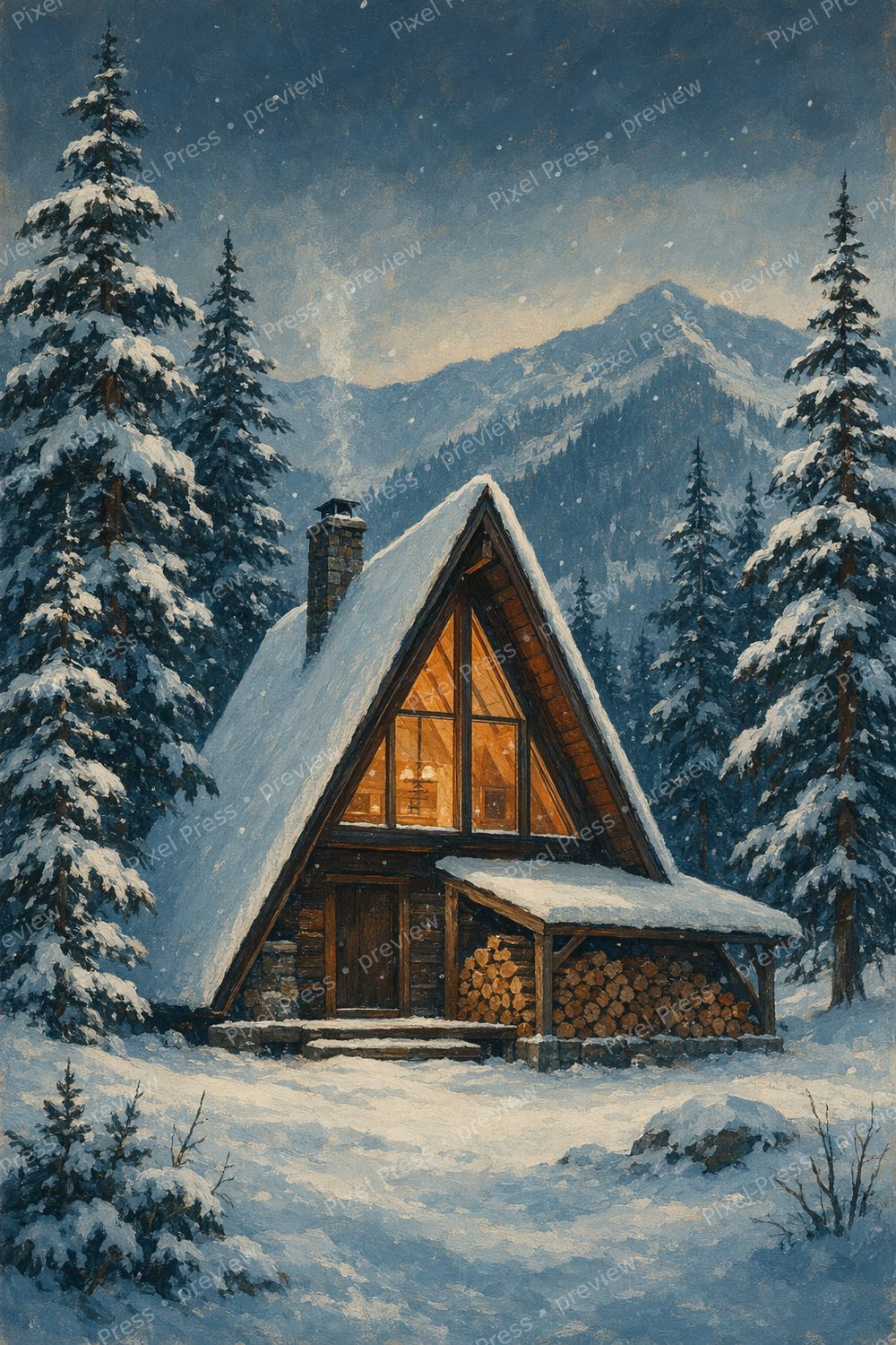 Alpine Ski Lodge Wall Art Printable Set, Winter A-Frame Cabin Decor — artwork preview (watermarked)