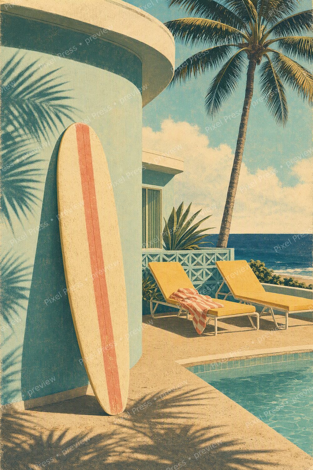 Retro Surf Wall Art Printable Set of 6, Sun Faded California Beach Decor — artwork preview (watermarked)