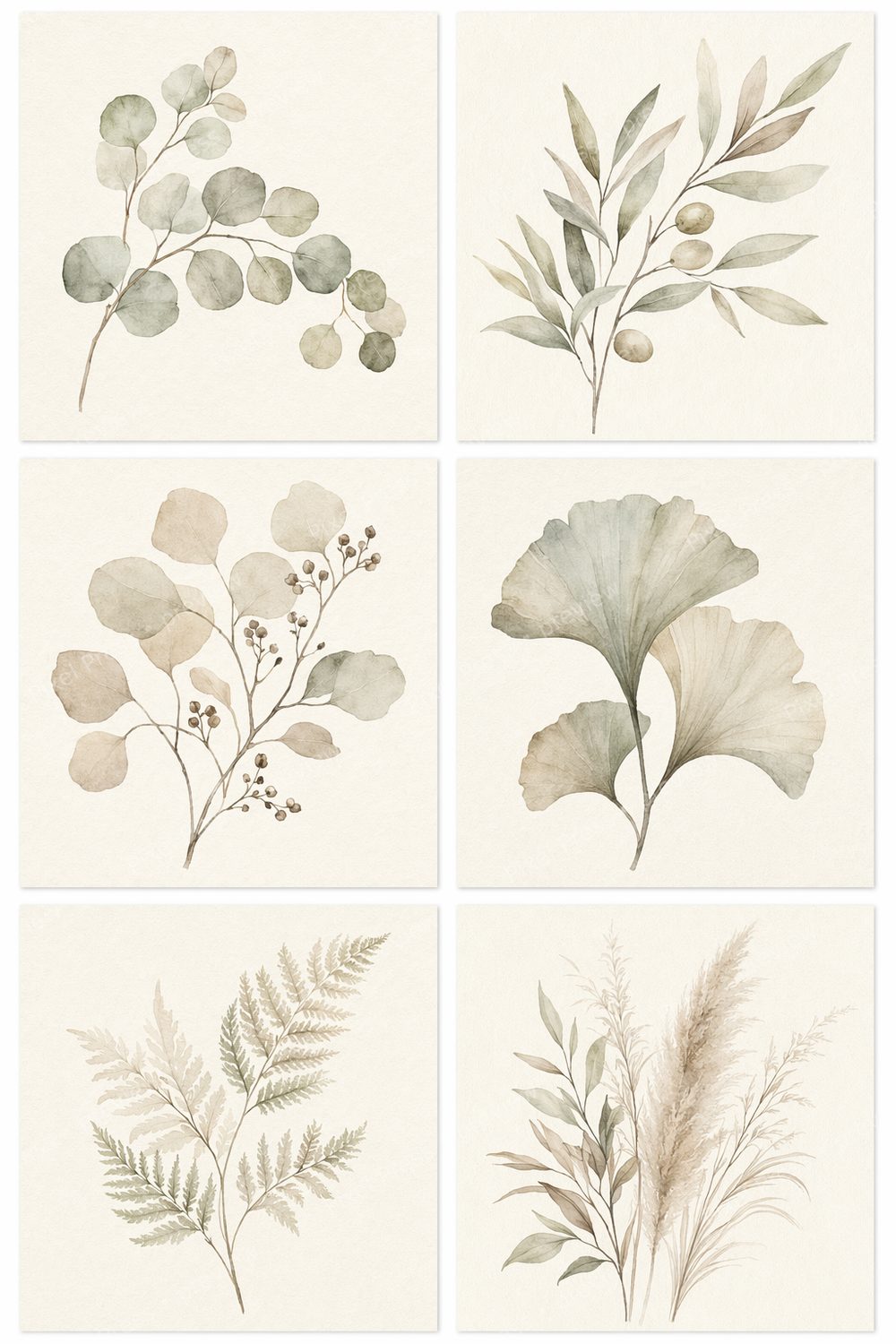 Neutral Botanical Nursery Wall Art Set Printable, Sage Green Watercolor Leaf Nursery Decor, Gender Neutral Baby Room Botanical Prints Bundle — artwork preview (watermarked)
