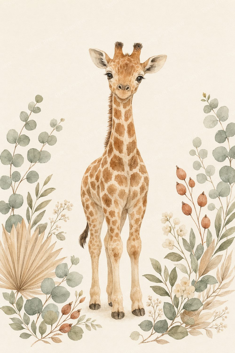 Quadros Safari Baby para Imprimir | Kit Neutro Aquarela Terracota & Sálvia — artwork preview (watermarked)