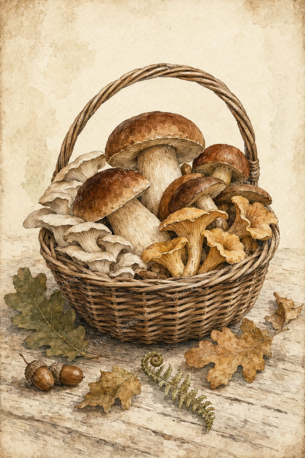 Vintage Mushroom Wall Art Printable Set, Autumn Woodland Foraging Decor — artwork preview (watermarked)