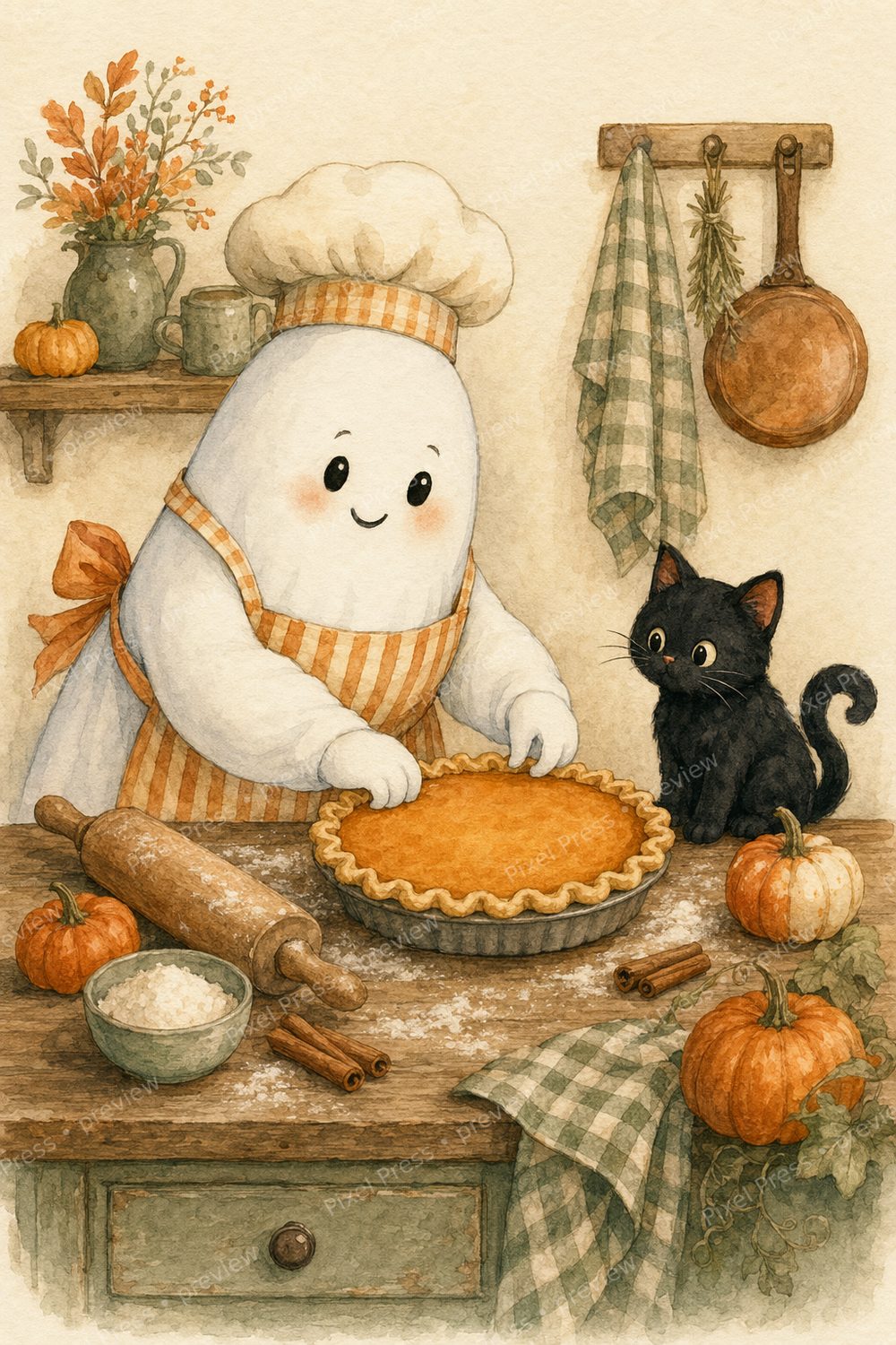 Halloween Kitchen Wall Art Printable Set, Spooky Cute Ghost Baking & Black Cat Decor — artwork preview (watermarked)