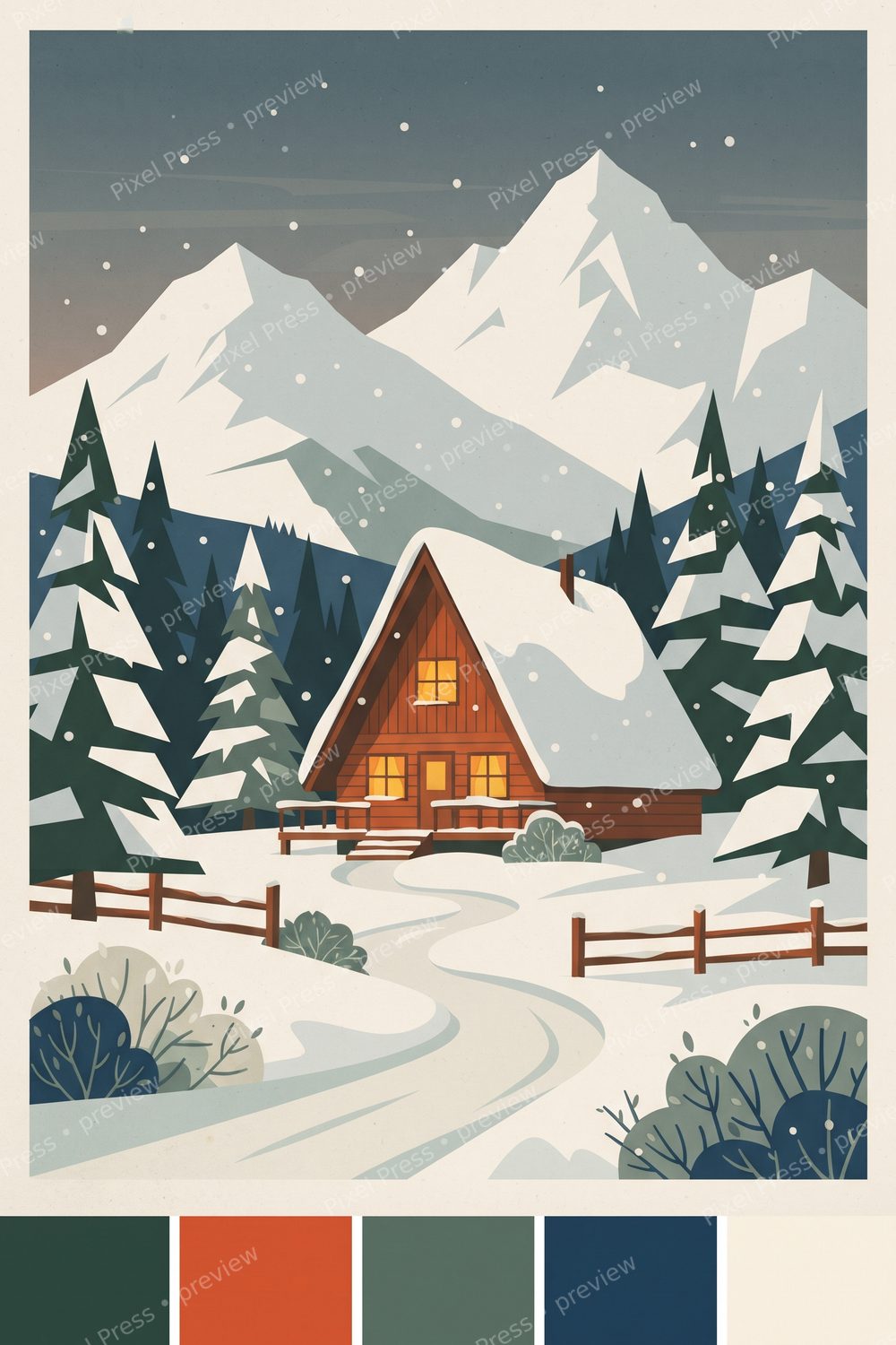 Vintage Ski Art Printable Set: Alpine Christmas Wall Art, Retro Ski Chalet Decor, Winter Cabin Gallery Wall Prints — artwork preview (watermarked)