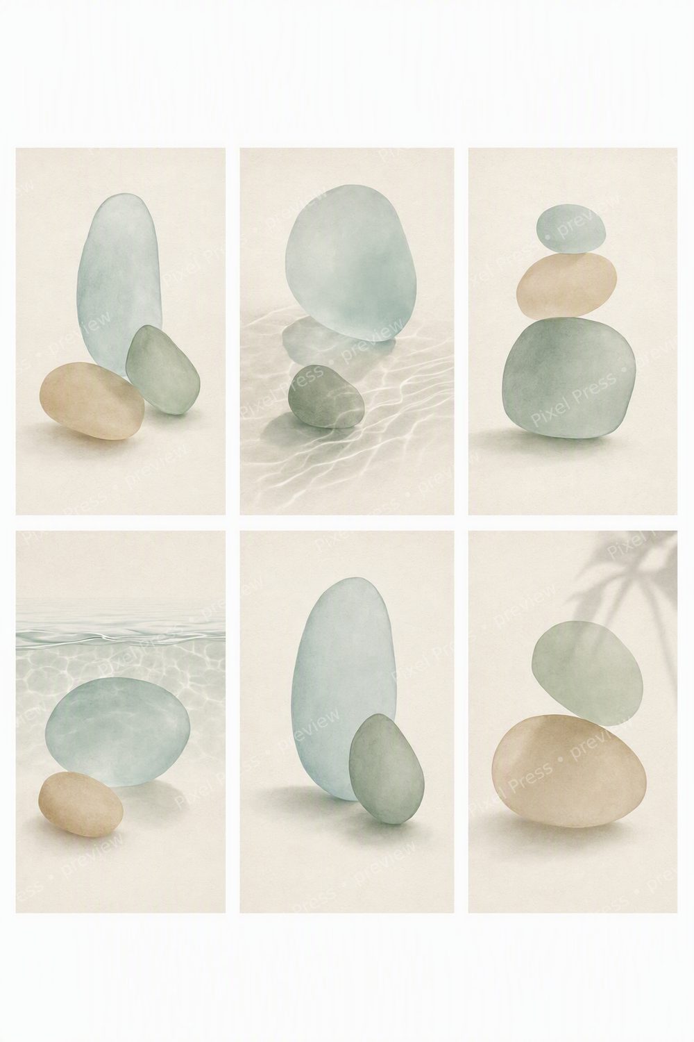 Minimalist Bathroom Wall Art Printable Set, Sage Green Sea Glass & Pebble Spa Decor — artwork preview (watermarked)
