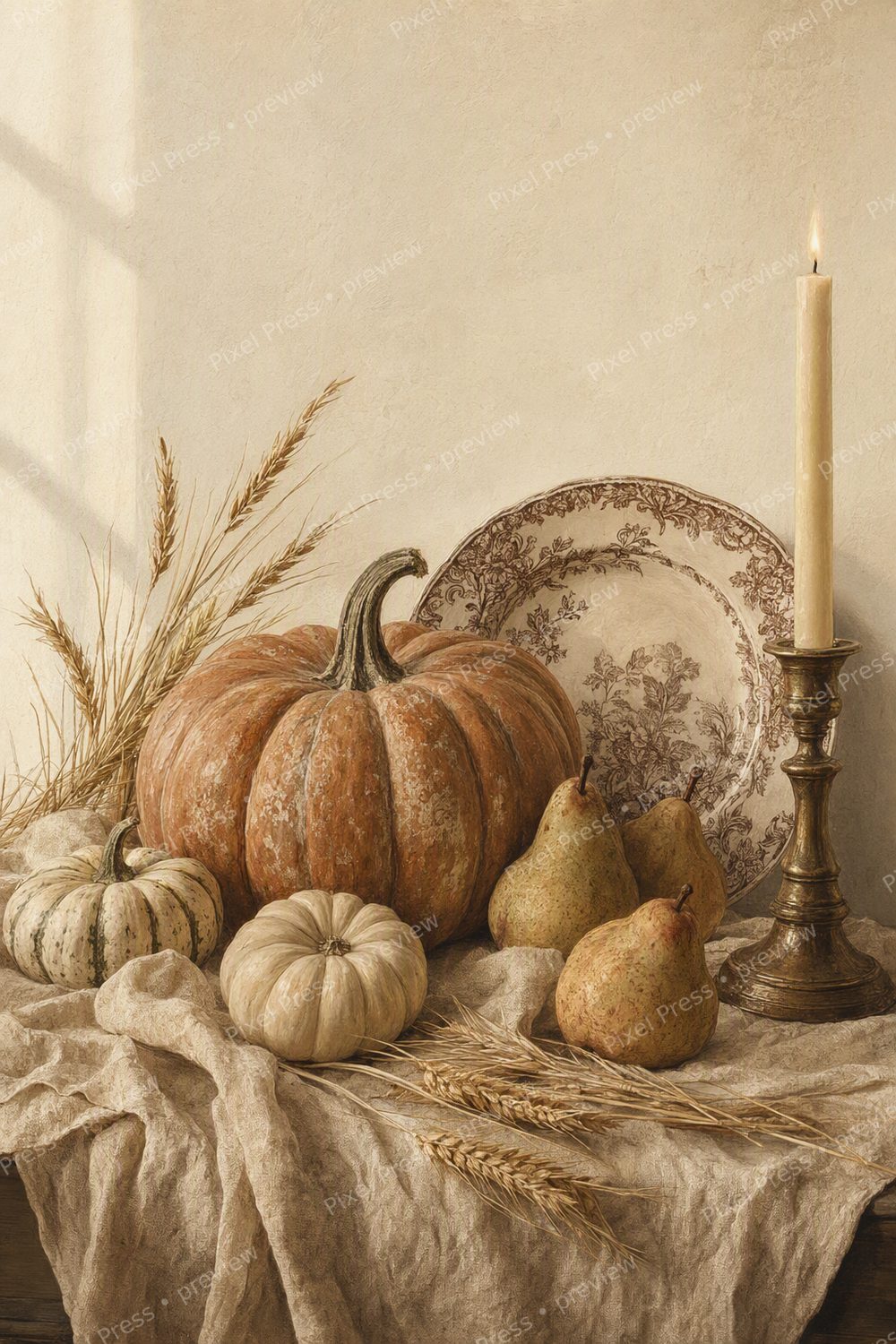 Neutral Thanksgiving Wall Art Printable Set, Brown Transferware & Heirloom Pumpkin Dining Room Decor, 6 Printable Tablescape Prints — artwork preview (watermarked)