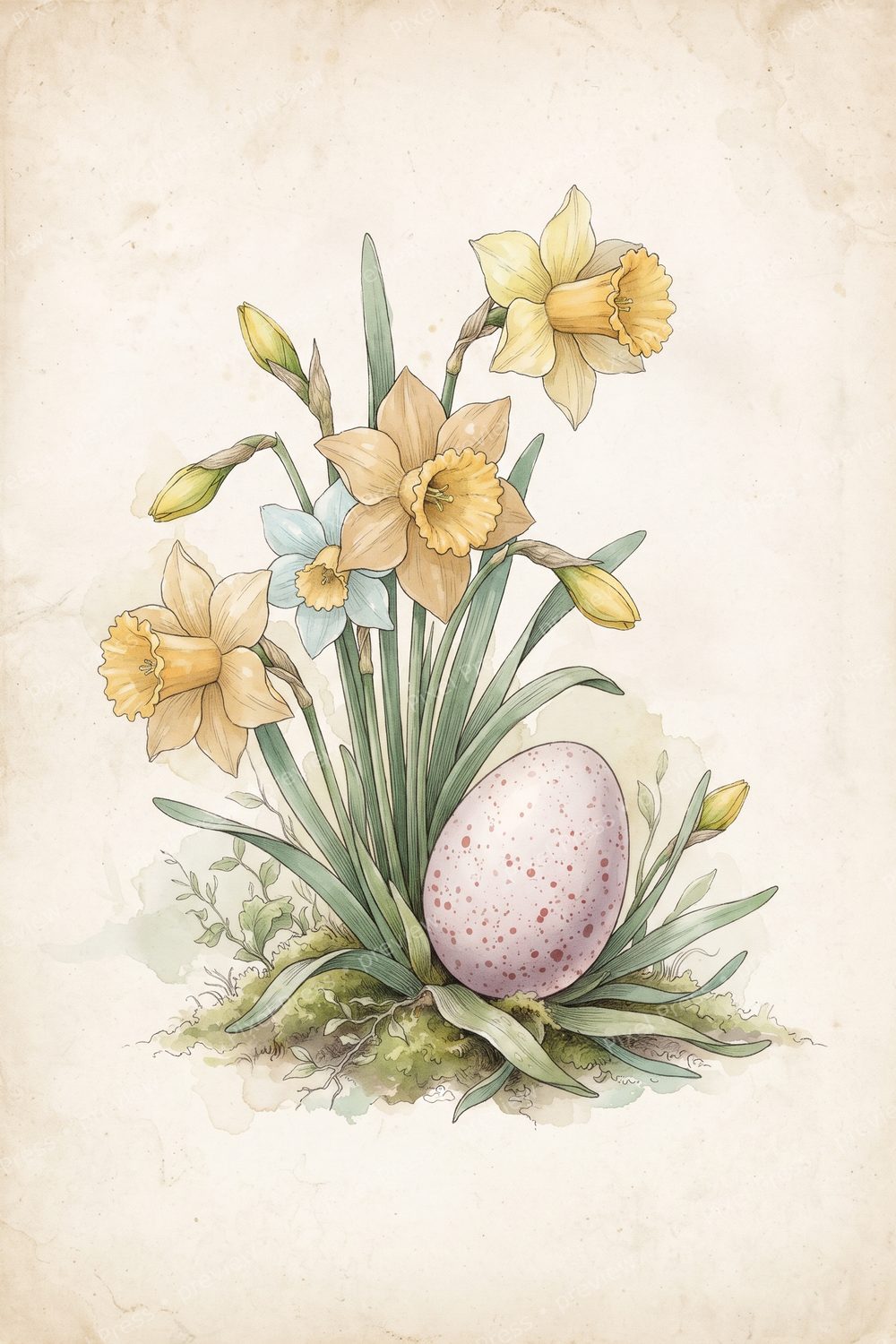 Easter Watercolor Wall Art Printable Set — Vintage Speckled Egg & Spring Wildflower Botanical Print Bundle — artwork preview (watermarked)