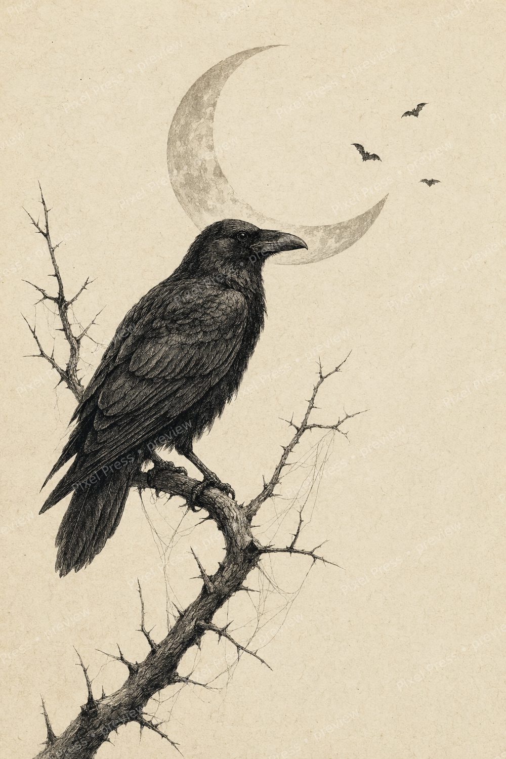 Minimalist Halloween Wall Art Printable Set, Neutral Raven Gothic Botanical Decor — artwork preview (watermarked)