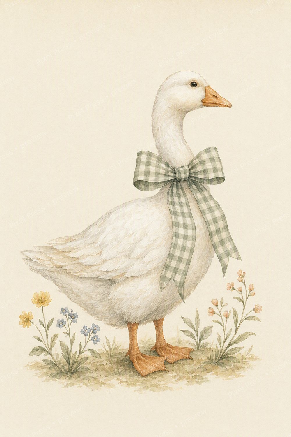 Cottagecore Goose Nursery Wall Art Set, Sage Gingham Duckling Prints — artwork preview (watermarked)
