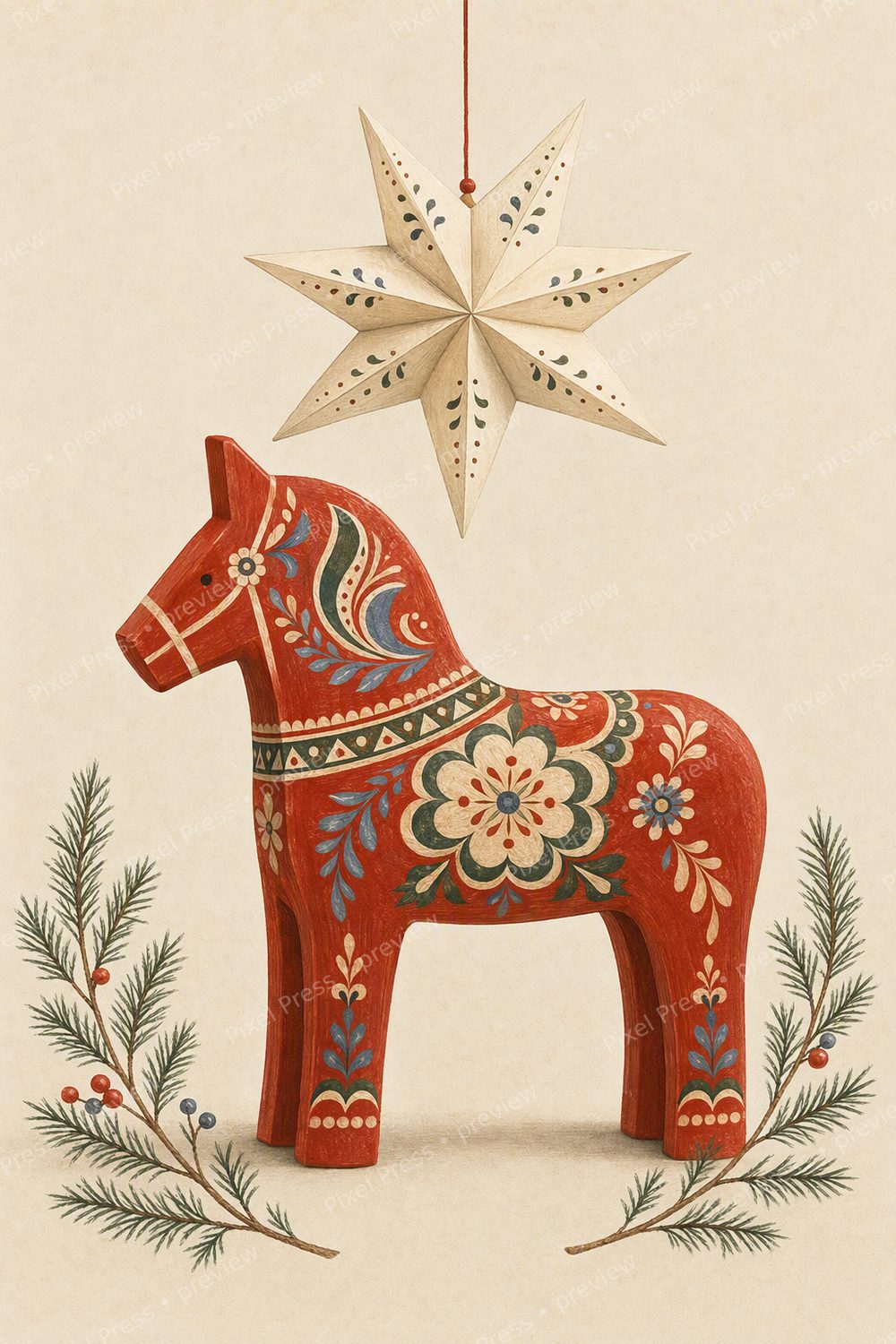 Scandinavian Christmas Wall Art Printable Set, Nordic Folk Dala Horse Gallery Wall — artwork preview (watermarked)
