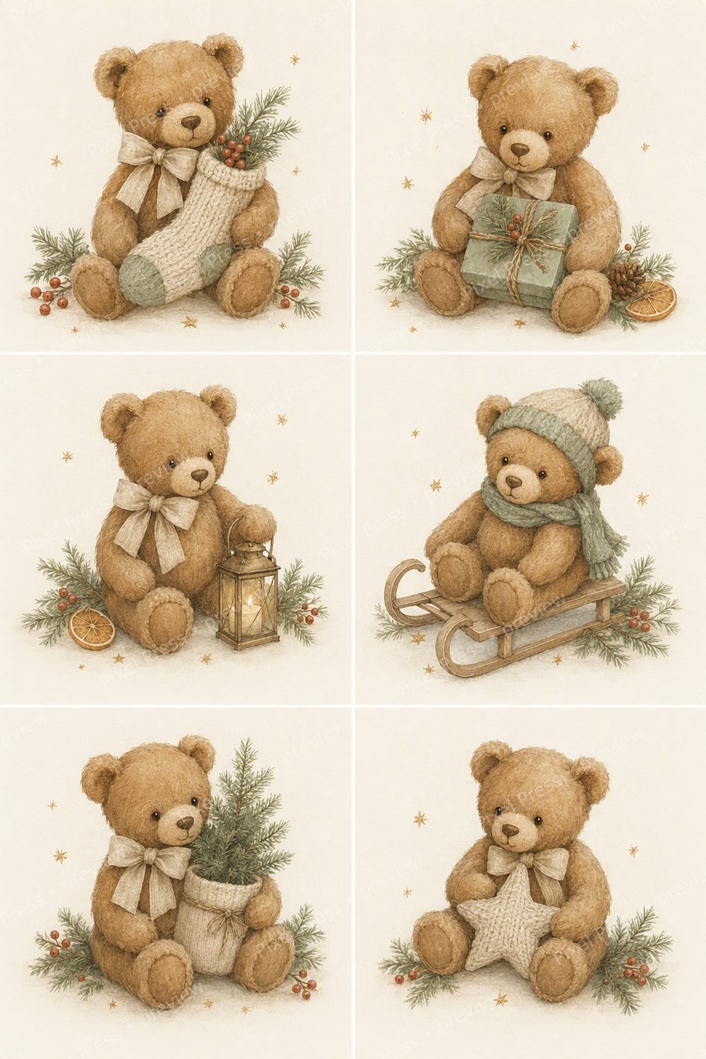 Boho Christmas Nursery Wall Art Printable Set, Teddy Bear & Rocking Horse Neutral Holiday Decor — artwork preview (watermarked)