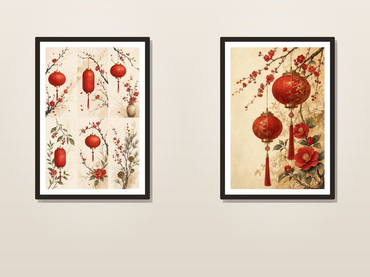 Lunar New Year Red Botanical Lantern Wall Art Set Bundle — 2 Complete Printable Sets