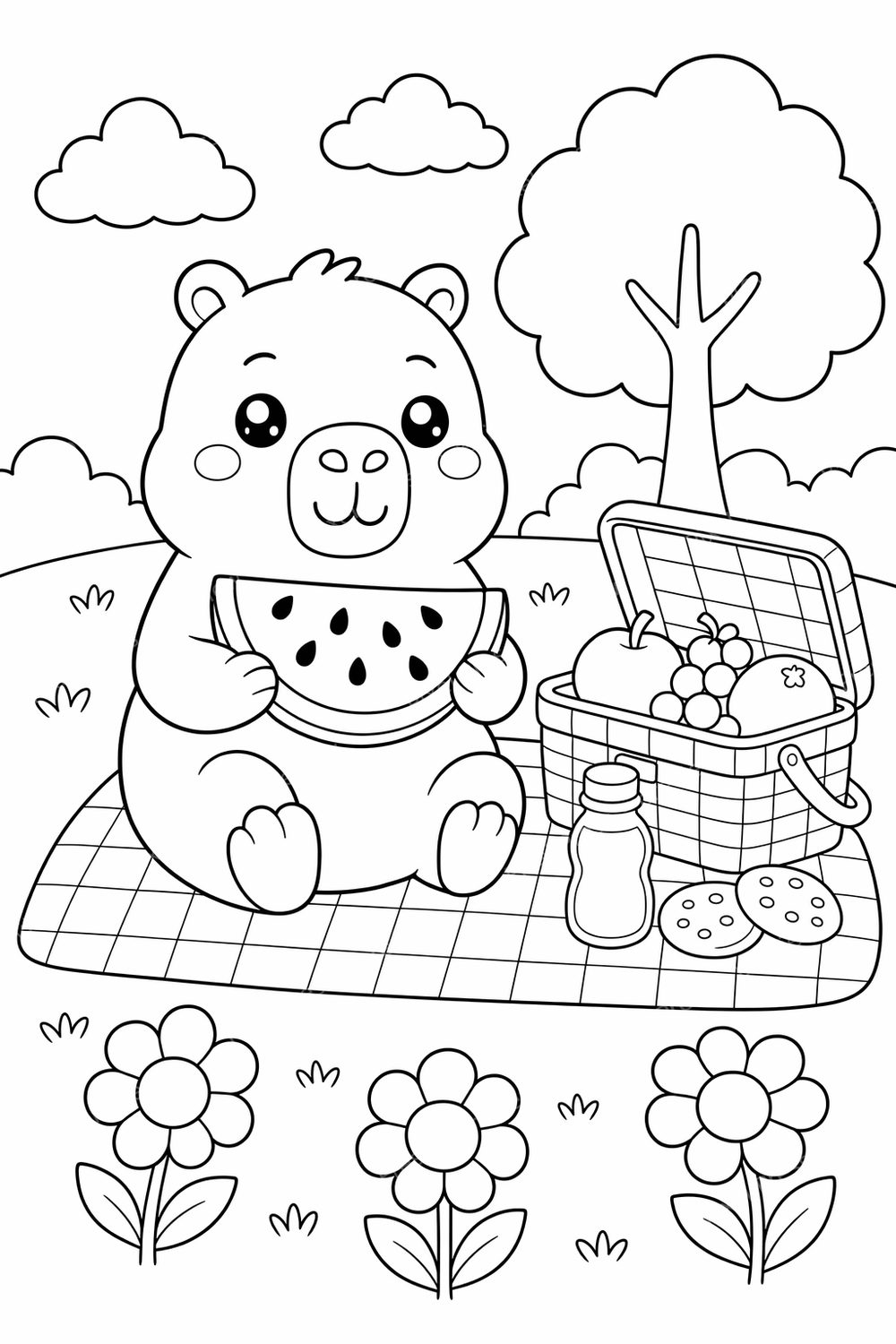 Desenhos de Capivara para Colorir | 8 Capivaras Kawaii PDF Infantil — artwork preview (watermarked)