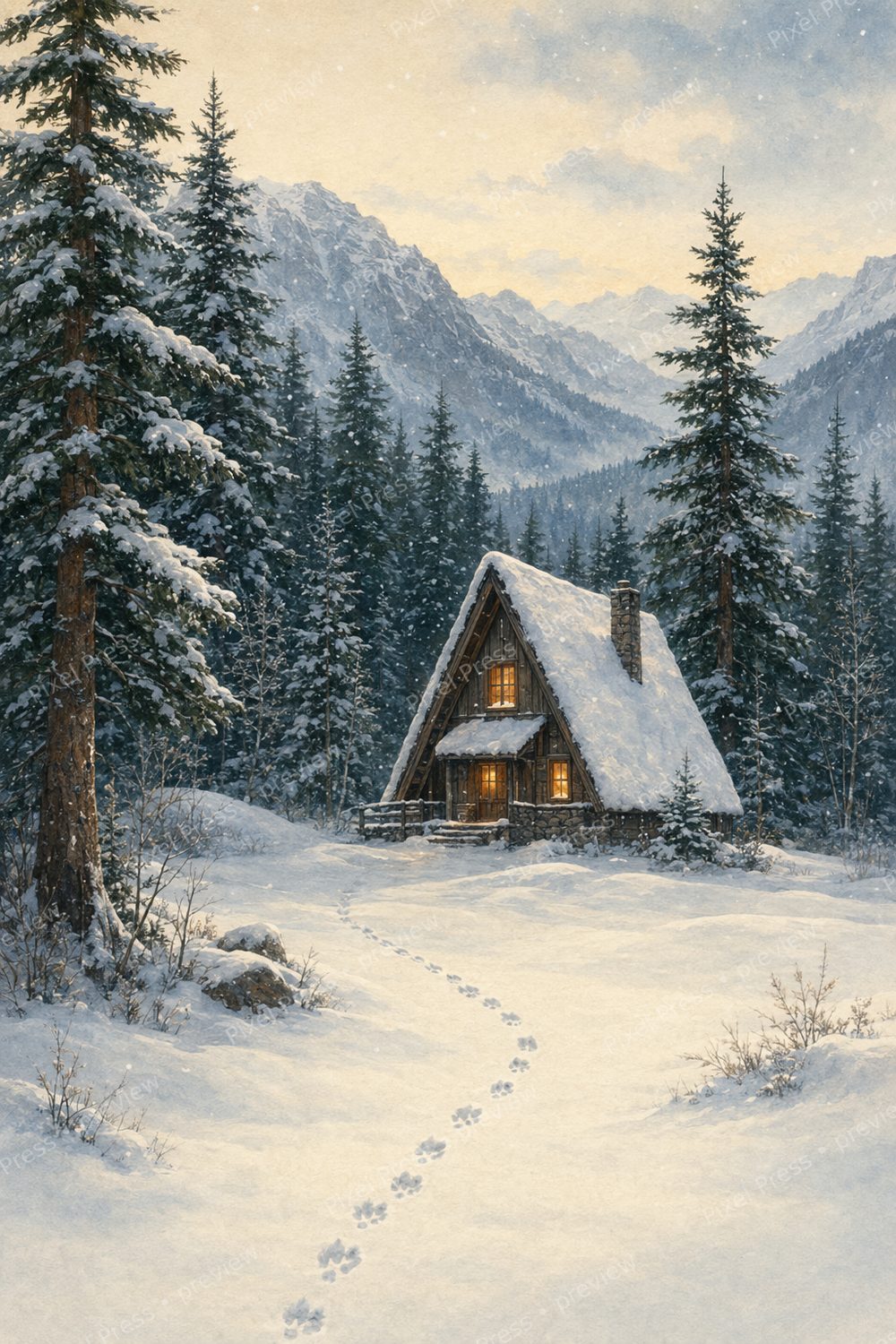 Cozy Winter Cabin Wall Art Printable Set of 6, Snowy A-Frame Fox & Chickadee Lodge Decor — artwork preview (watermarked)