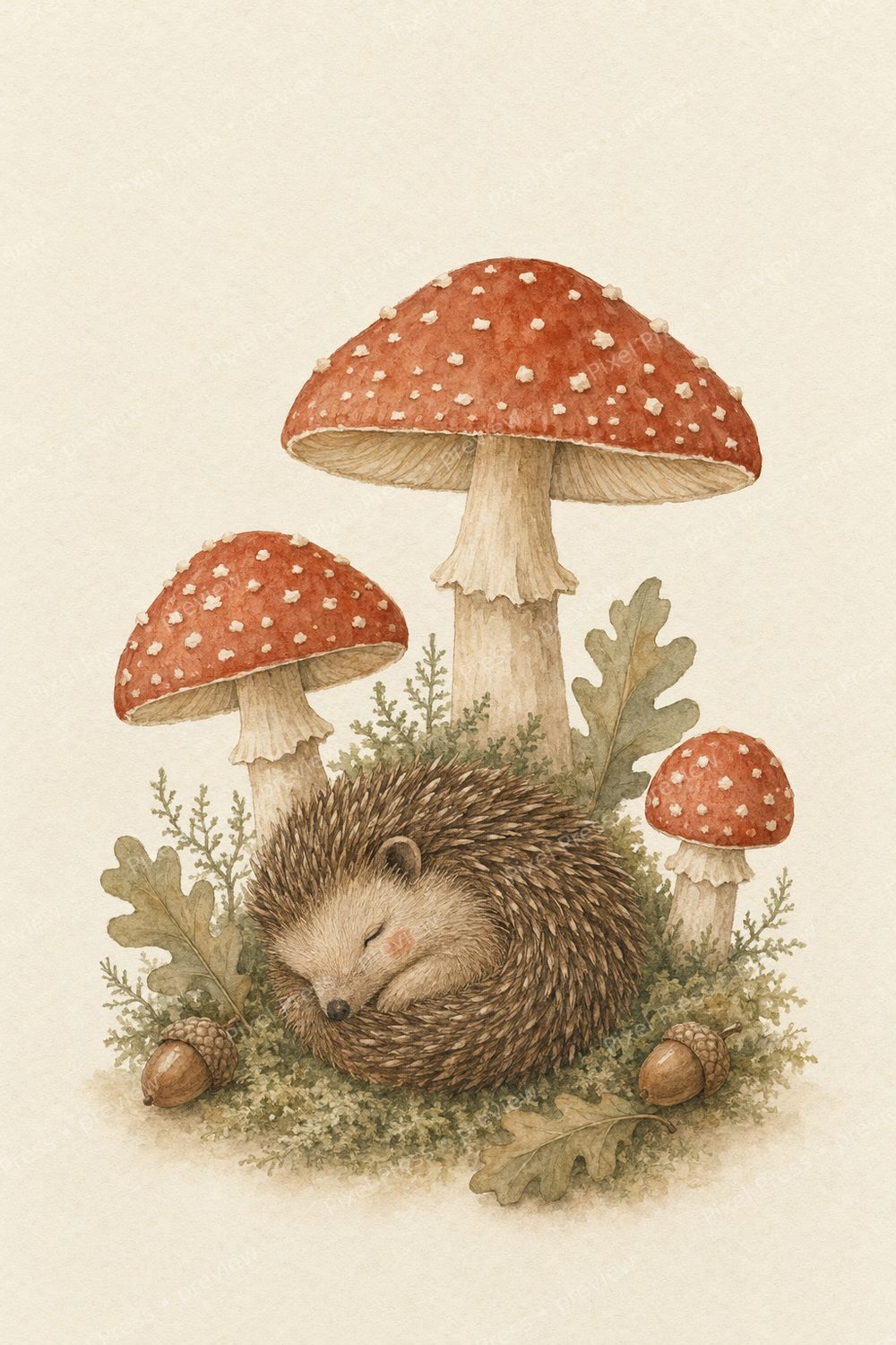 Affiche Chambre Bébé Scandinave Forêt – Hedgehog & Mushroom Nursery Art Set — artwork preview (watermarked)
