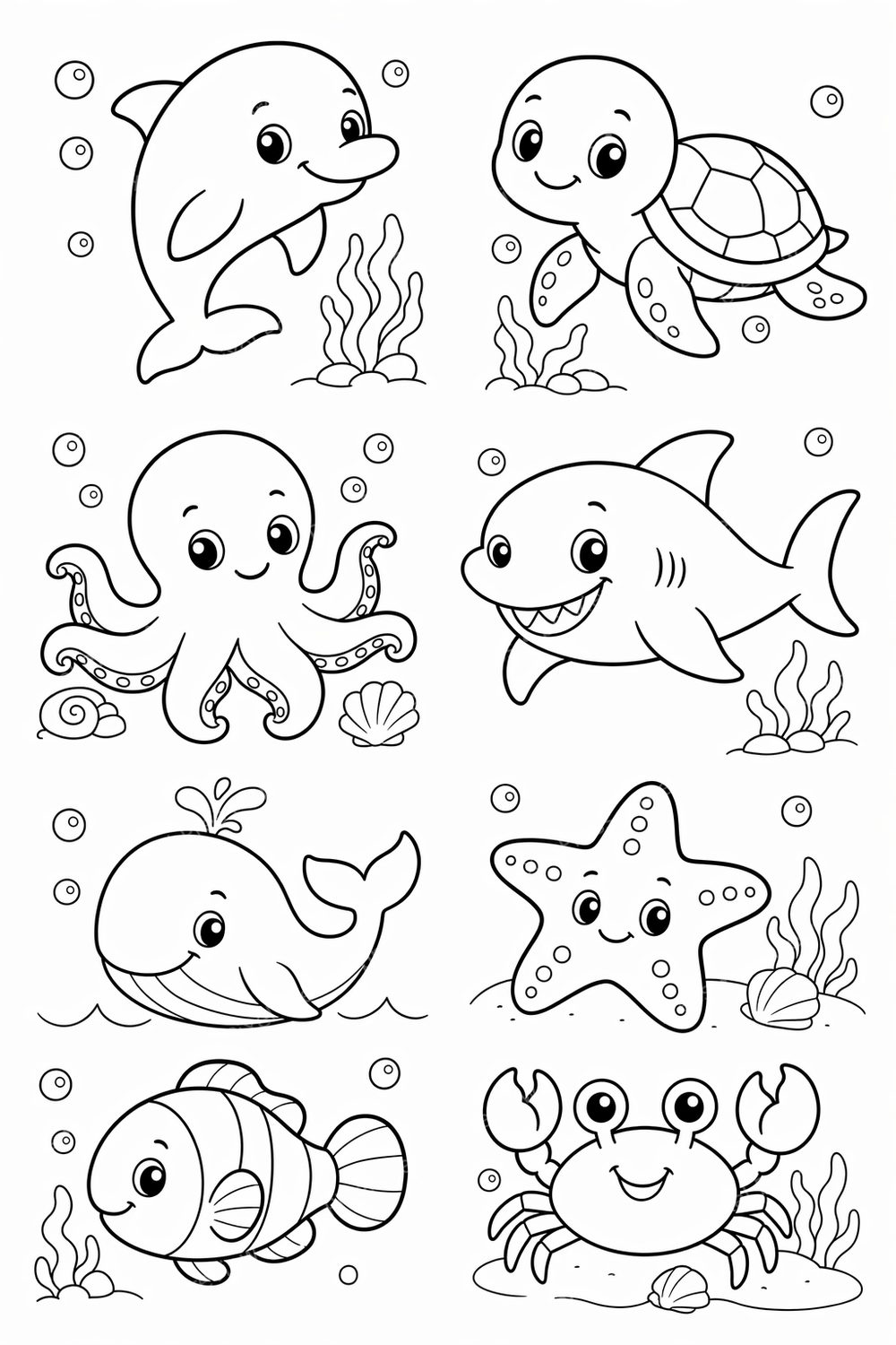 Ocean Animal Coloring Pages for Toddlers & Preschoolers Bundle, Cute Easy Sea Animals Coloring Pages Printable PDF Pack — artwork preview (watermarked)