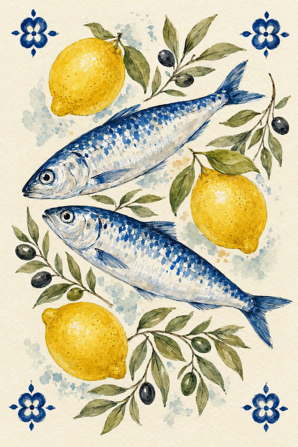 Mediterranean Lemon Kitchen Wall Art Printable Set, Sardine & Blue Coastal Decor — artwork preview (watermarked)