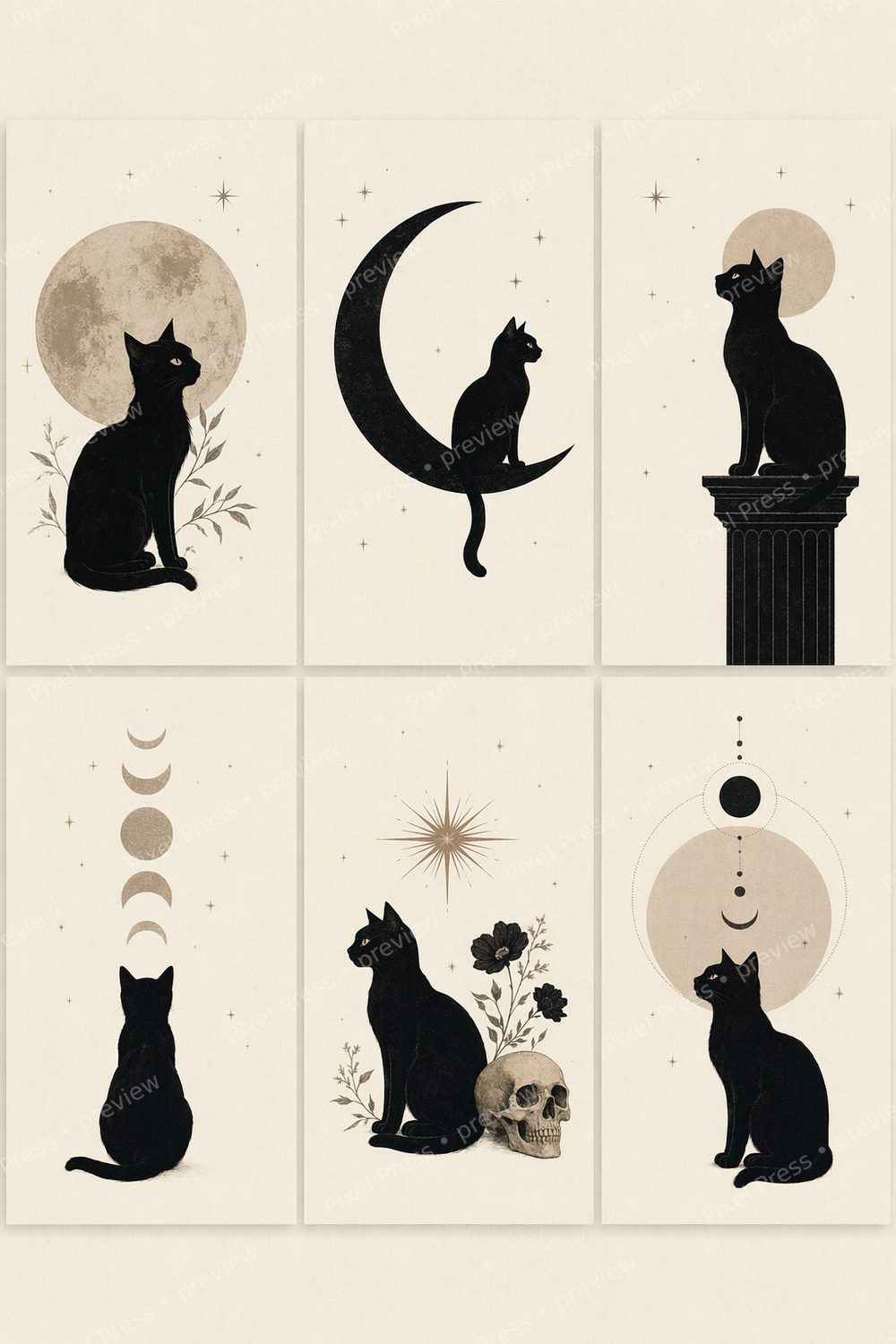 Minimalist Halloween Wall Art Printable Set, Black Cat & Crescent Moon Gallery Wall Bundle, Modern Gothic Halloween Decor Digital Download — artwork preview (watermarked)