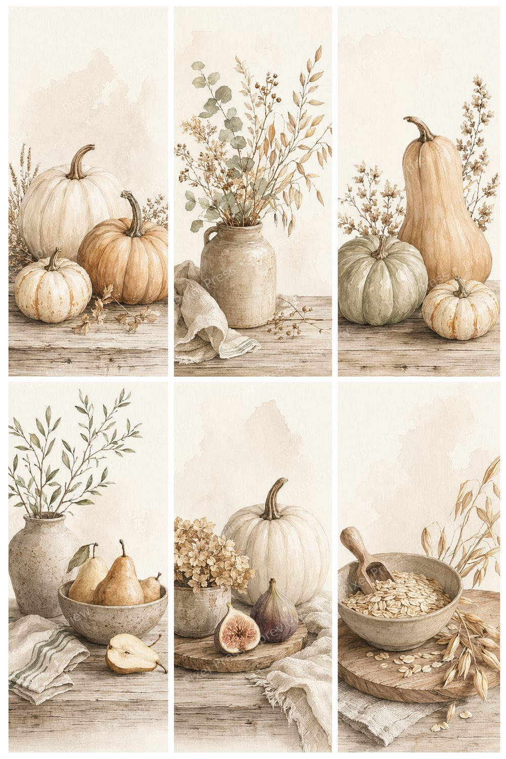 Neutral Fall Kitchen Wall Art Printable Set of 6, Watercolor Pumpkin Printable Wall Art, Autumn Kitchen Decor Digital Download — artwork preview (watermarked)